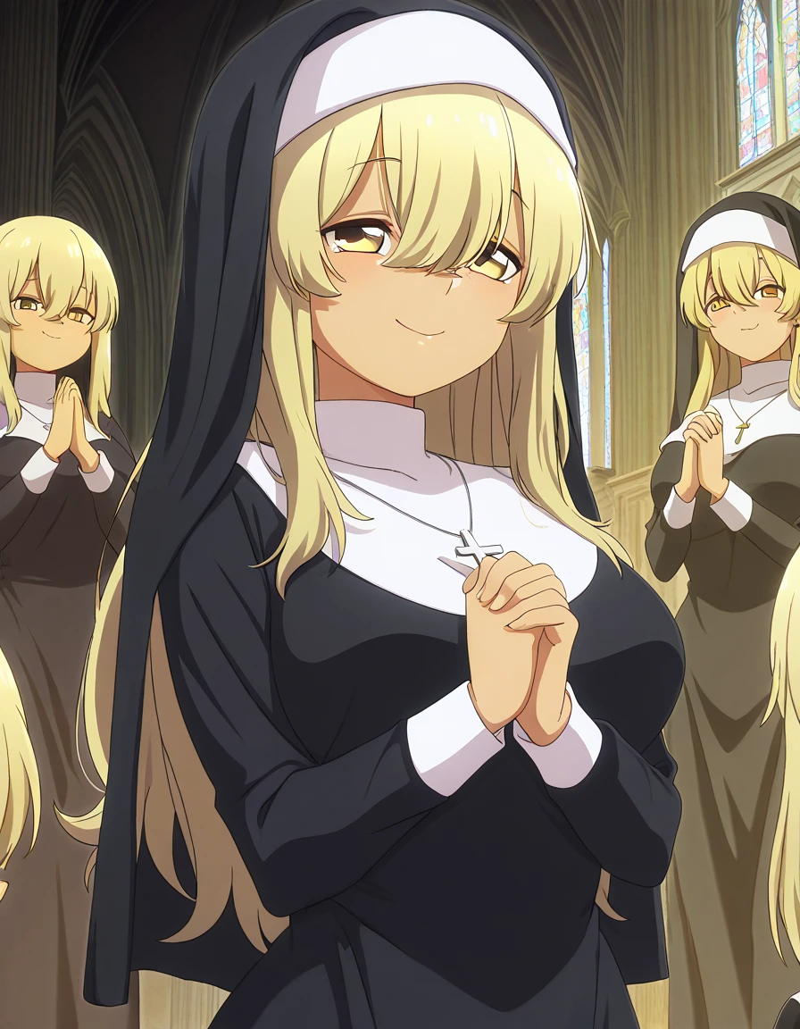 masterpiece, best quality, amazing quality,, <lora:kana-higa-s1-illustriousxl-lora-nochekaiser:1>, kana higa, long hair, bangs, blonde hair, hair between eyes, yellow eyes, mature female, breasts, anime screencap, <lora:traditional-nun-ponyxl-lora-nochekaiser:1>, traditional nun, nun, habit, long sleeves, dress, black dress, jewelry, black veil, cross, cross necklace,, church, smug, praying,, , cowboy shot, solo