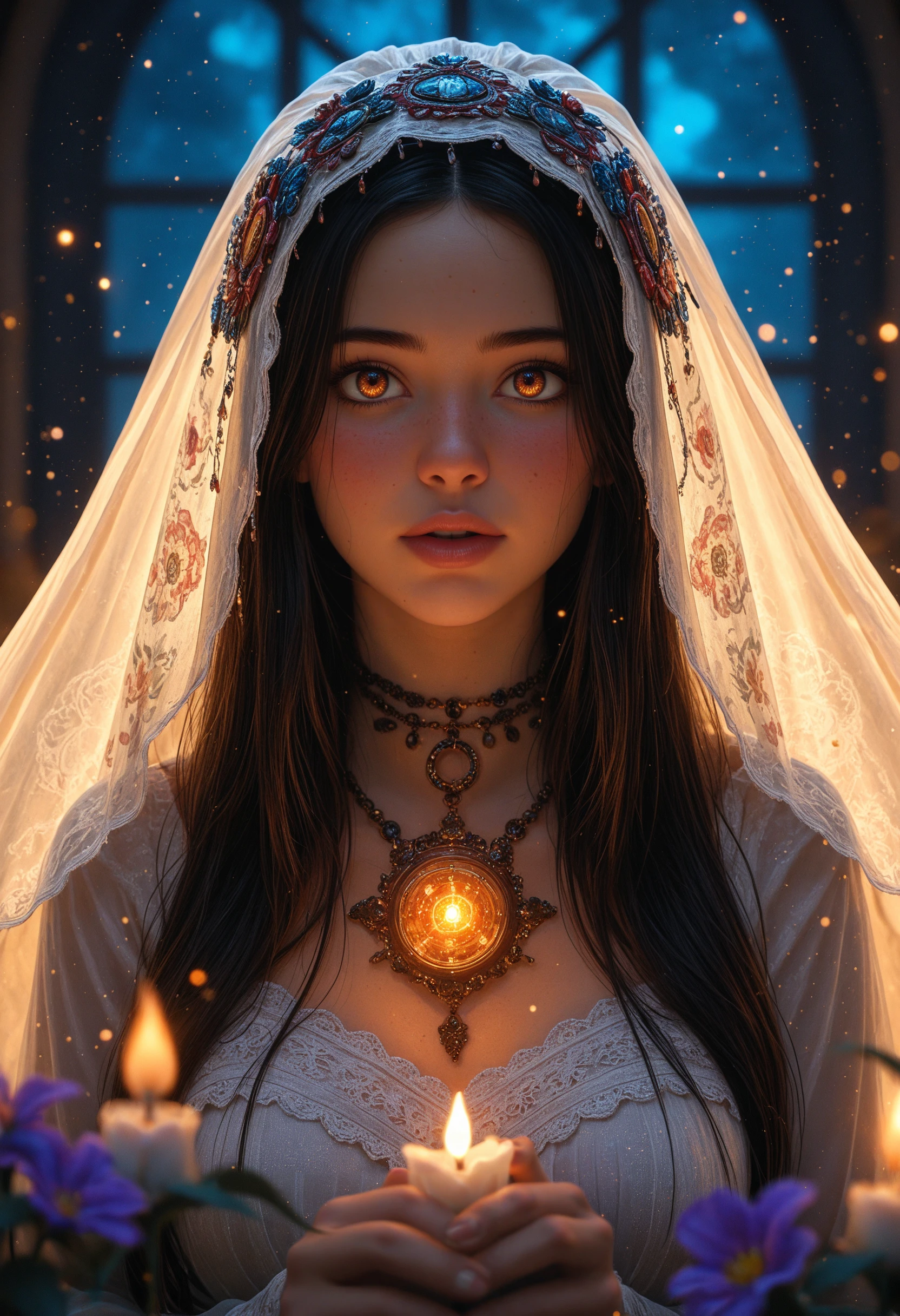 masterpiece, high_quality, highres, sharp_focus, detailed_eyes,
side_view, Mexican_woman, face_focus, looking_at_viewer, blush, floating, long_hair, veil, front_particles, magical_forrest, glowing_flowers, fantasy, chromatic_colors,seiza, upper_body_view, night, dynamic, cinematic, portrait,