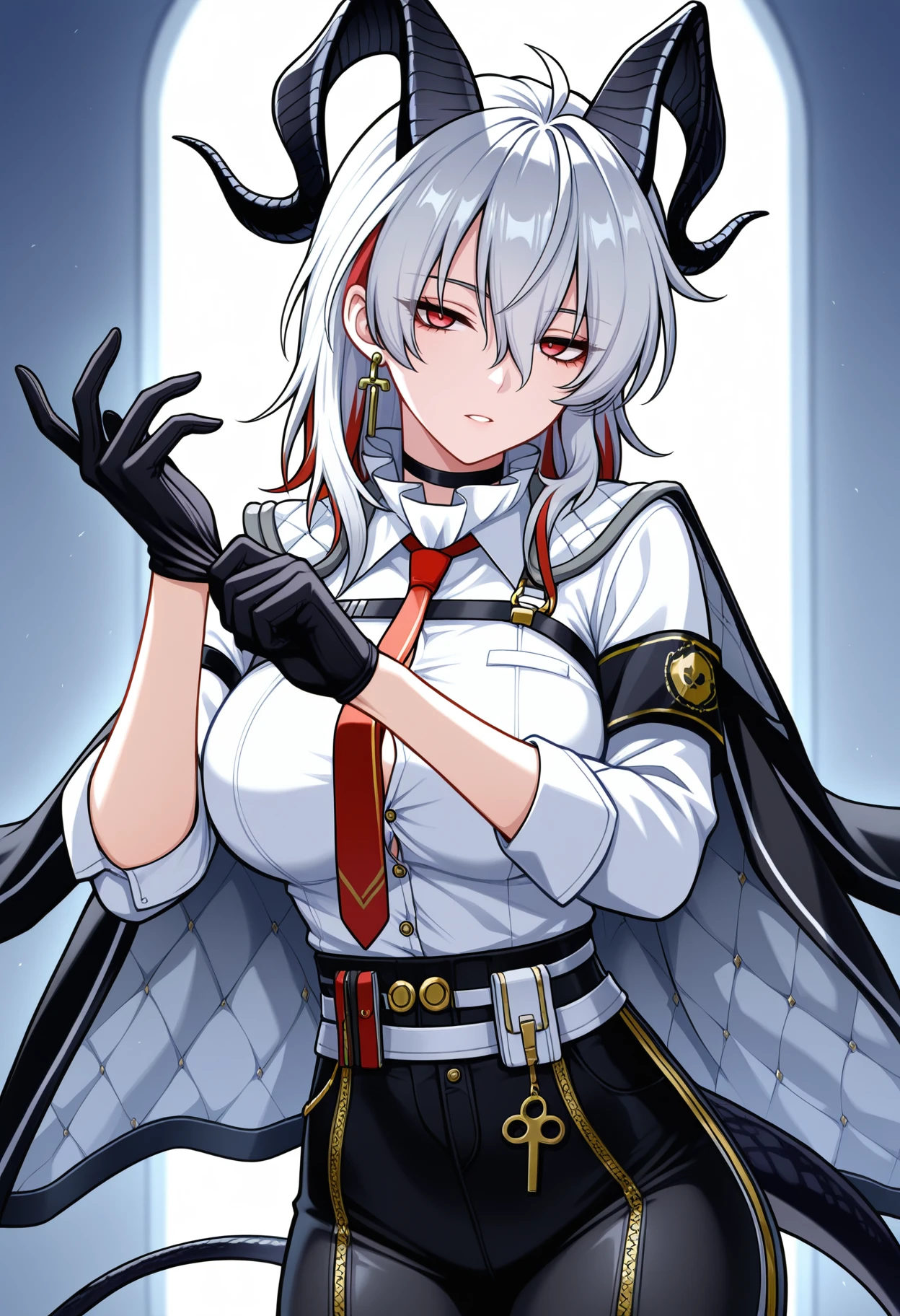 masterpiece, best quality, good quality,
1girl, zani \(wuthering waves\), adjusting clothes, adjusting gloves, armband, black armband, black choker, black gloves, black horns, black jacket, black pants, black tail, breasts, button gap, chest harness, choker, cowboy shot, curled horns, earrings, gloves, hair between eyes, harness, high-waist pants, horns, jacket, jacket on shoulders, jewelry, key earrings, large breasts, looking at viewer, medium hair, multicolored hair, necktie, pants, parted lips, red eyes, red necktie, shirt, shirt tucked in, solo, streaked hair, tight clothes, tight pants, white shirt