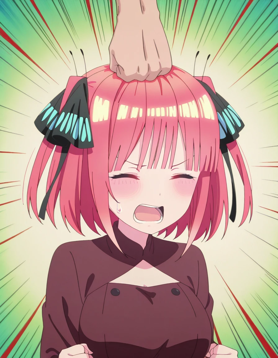 masterpiece, best quality, amazing quality,, <lora:nino-nakano-s2-illustriousxl-lora-nochekaiser:1>, nino nakano, short hair, bangs, hair ornament, hair ribbon, pink hair, blunt bangs, two side up, butterfly hair ornament, breasts, anime screencap, <lora:punching-top-of-head-illustriousxl-lora-nochekaiser:1>, punching top of head, punching, emphasis lines, open mouth, clenched fist, closed eyes, simple background, , ,