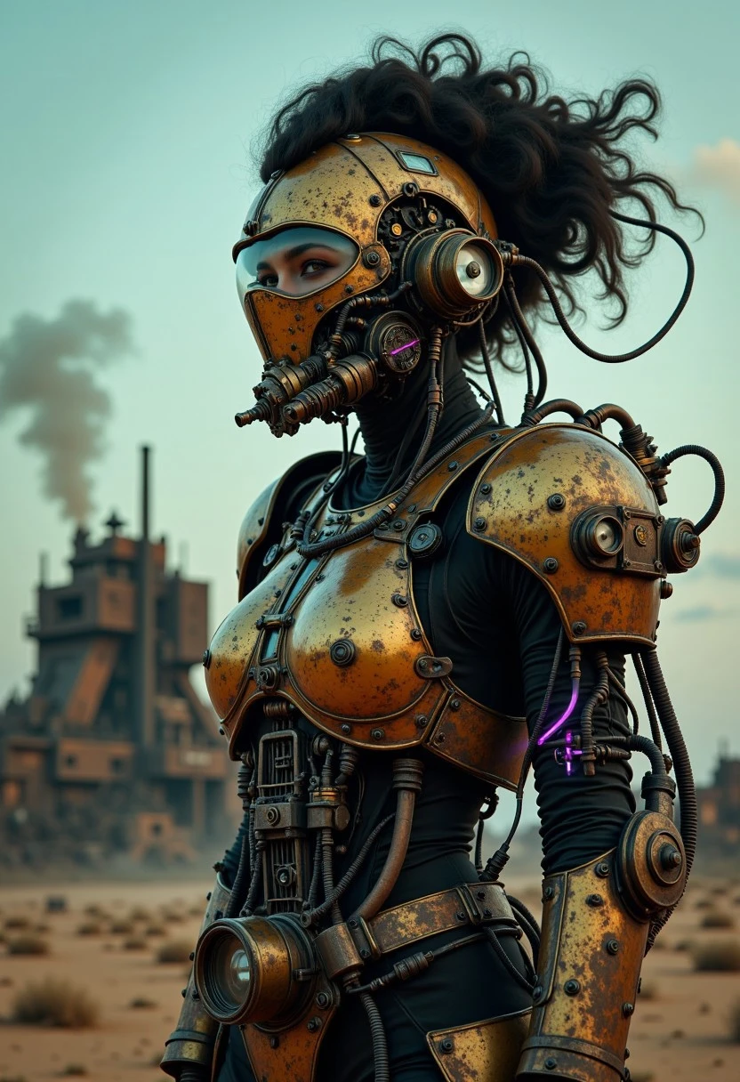 cpstyle01. A heavily armored soldier stands in the center of an arid desert landscape under a clear sky, evoking a steampunk aesthetic with cyberpunk influences. Her face is obscured by a brass-colored helmet adorned with rivets, pipes, and wires, suggesting advanced cooling and illumination systems. Neon-lit panels cast a harsh industrial glow, enhancing the futuristic feel.
Her intricate, voluminous updo is seamlessly integrated with mechanical components, with various tubes and parts extending into her armor. The worn-out plating, covered in an industrial texture, hints at extensive combat yet remains in a state of restoration. The armor itself is composed of a reflective material, mirroring the surrounding environment and suggesting movement.
Large headlights flank a reinforced grille on her suit, adding to her enigmatic presence. To the left, a structure with large windows looms, its faint outlines revealing a crumbling industrial past—a fusion of metal and wood, remnants of historical industrial archaeology now reclaimed by time.