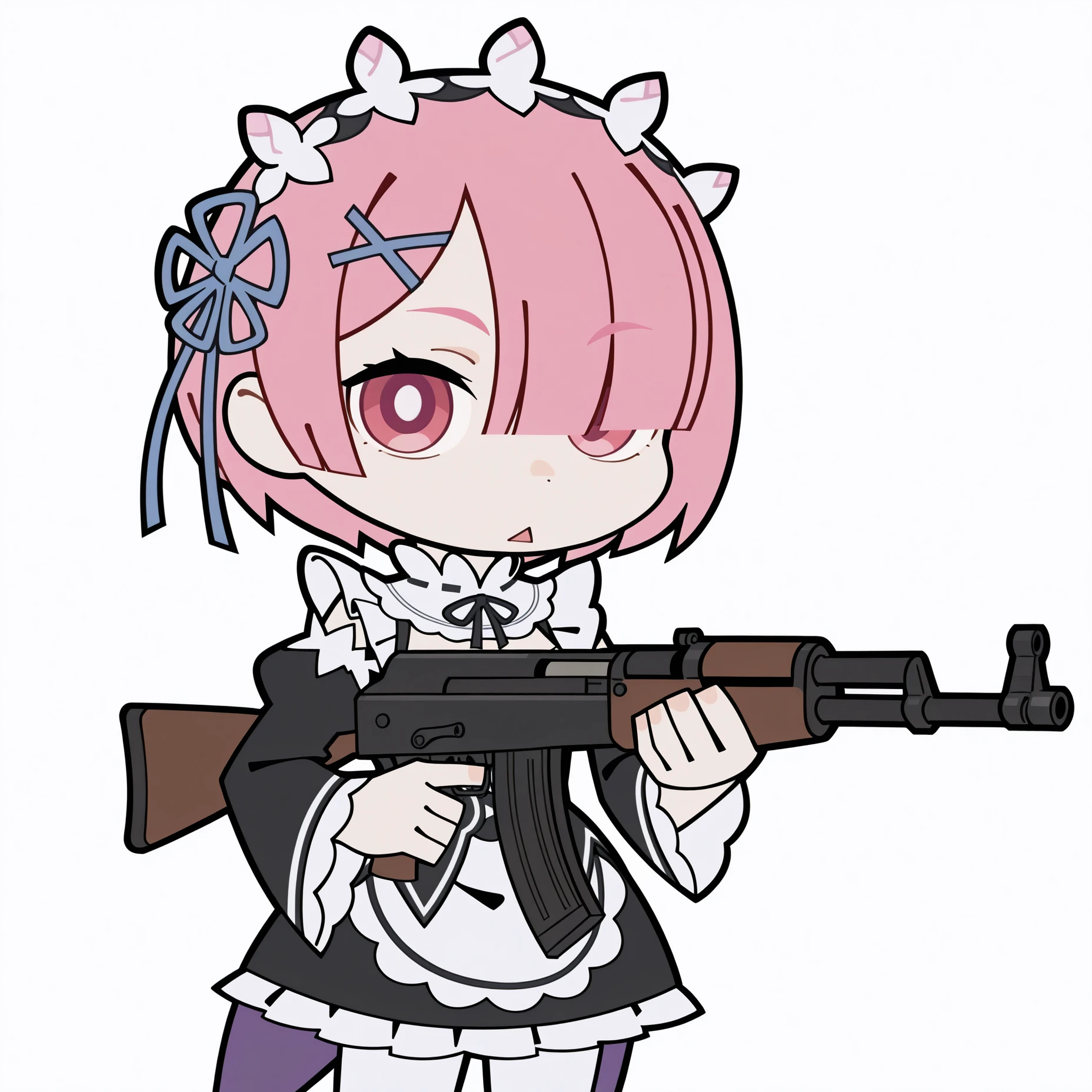 highres, hi res, best quality, masterpiece, 2d,
1girl, solo, female, pink eyes, pink hair, blue ribbon, rÑm \(re:zero\), maid headdress, roswaal mansion maid uniform,
holding weapon, holding, machine gun, ak-47,
cowboy shot, looking at viewer, chibi, meme, parody, triangle mouth, flat color,
depth of field, white background, simple background, <lora:ZZZ_Stroll_Sticker_ILXL:1>