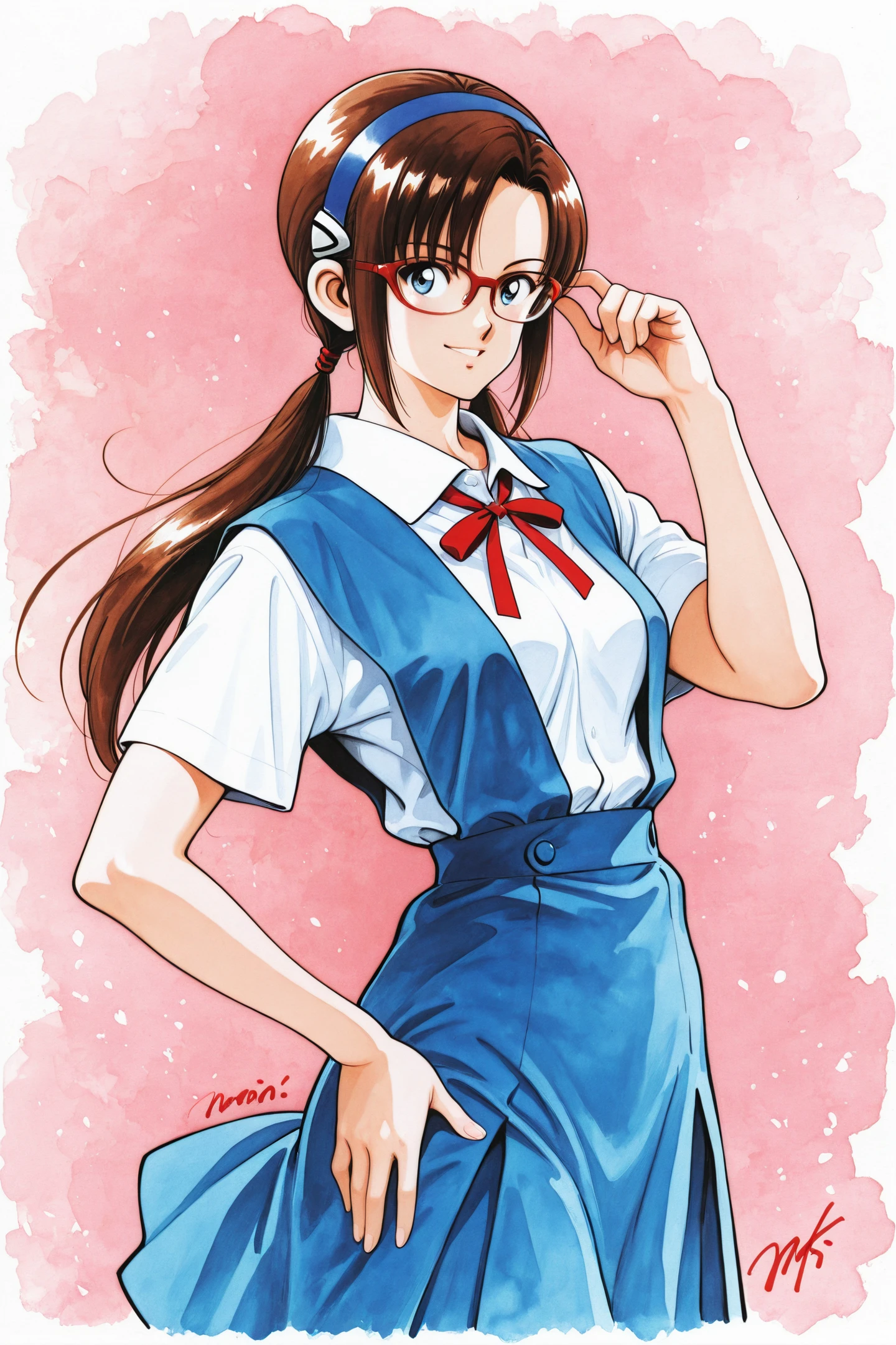 1girl,makinami mari illustrious,solo,glasses,long hair,blue eyes,twintails,hand on own hip,brown hair,hairband,red-framed eyewear,school uniform,ribbon,shirt,short sleeves,skirt,red ribbon,neck ribbon,white shirt,looking at viewer,tokyo-3 middle school uniform,signature,suspender skirt,suspenders,cowboy shot,blue skirt,traditional media,
<lora:Sadamoto Yoshiyuki_illustriousXL:0.4>,
<lora:Adachi_illustriousXL:1>,