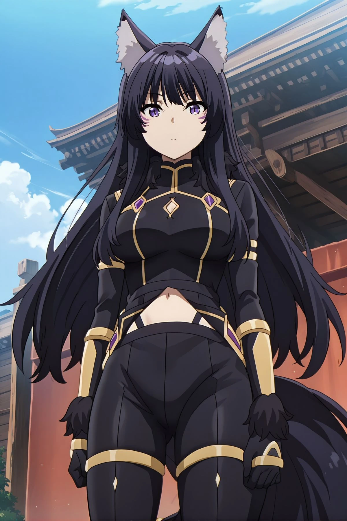 absurdres, highres, masterpiece, best quality, amazing quality, official anime artwork, screencap, anime screencap, outdoors, looking at viewer, standing,
<lora:Delta_Illustrious:1> Delta, 1girl, solo, purple eyes, black hair, long hair, wolf ears, animal ears fluff, wolf tail, facial mark, large breasts,, bodysuit, black bodysuit, navel, clothing cutout, highleg, black pants, gloves, gold trims,