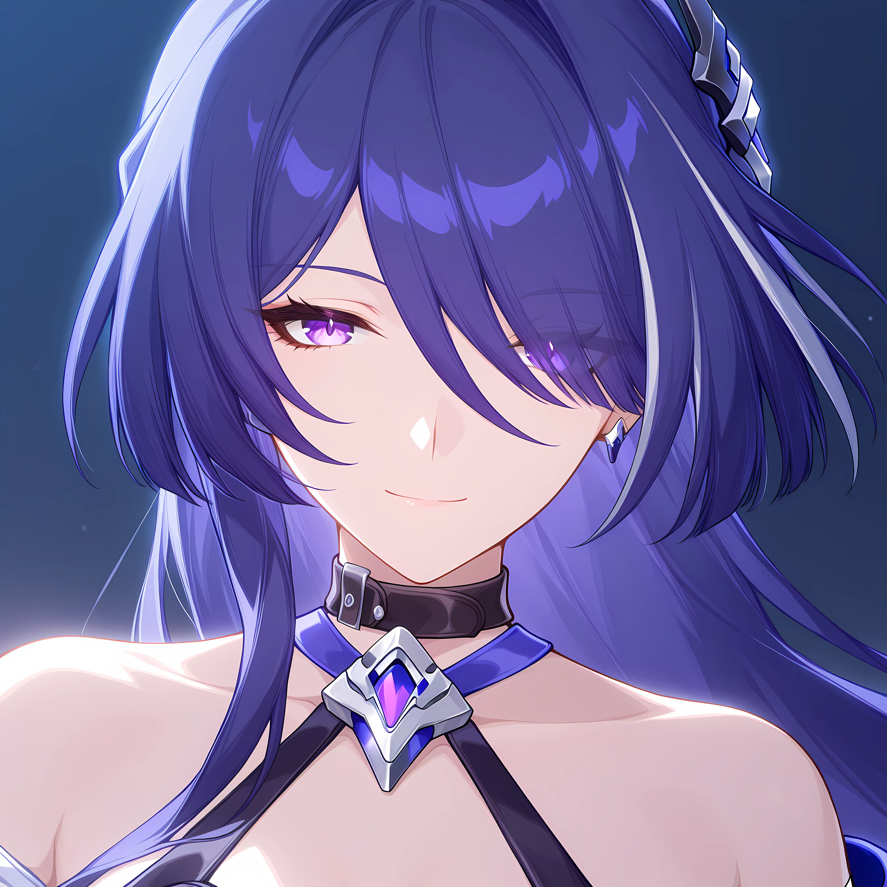 acheron_ilxl, 1girl, long hair, solo, looking at viewer, purple eyes, bangs, closed mouth, purple hair,  shoulders, earrings, hair ornament, smile, jewelry, hair between eyes, hair covering one eye, night dark alleyway background
<lora:Acheron-HSR-ILXL:1>, (masterpiece),(best quality),(ultra-detailed),(best illustration),(best shadow),(absurdres),(detailed background),(very aesthetic),