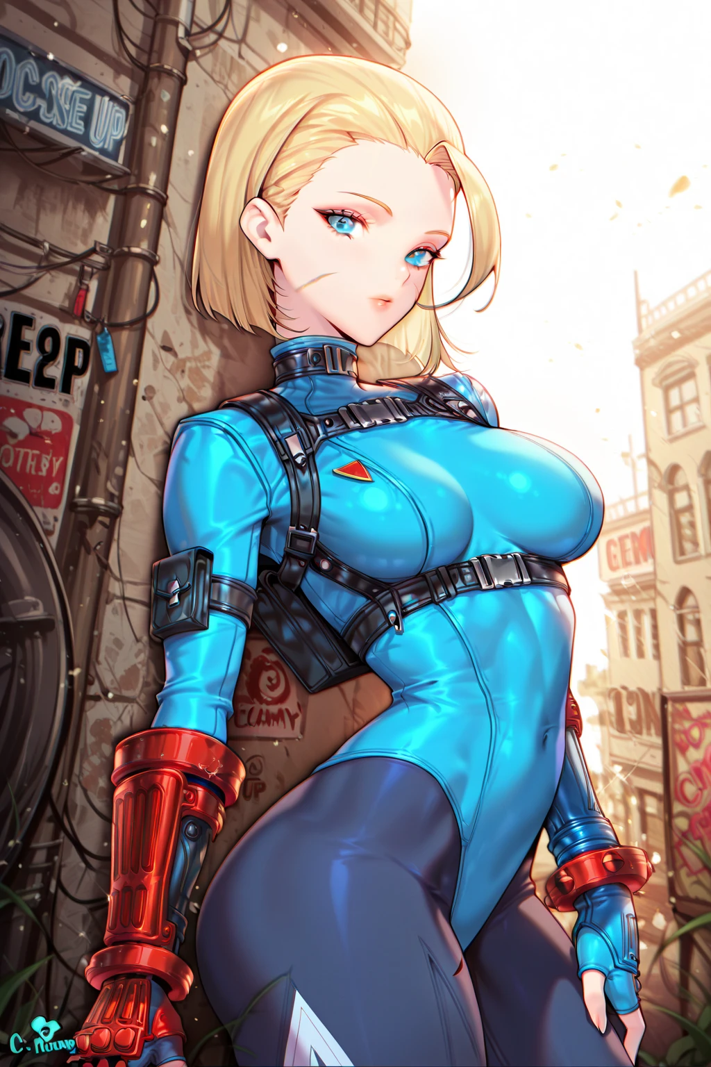 1girl, aged up, light smile, MaryMS, solo, large breasts, blurry, blurry background, tech, training, (dollsuit:1.3), (red leotard:1.3), fighting gloves, white necktie