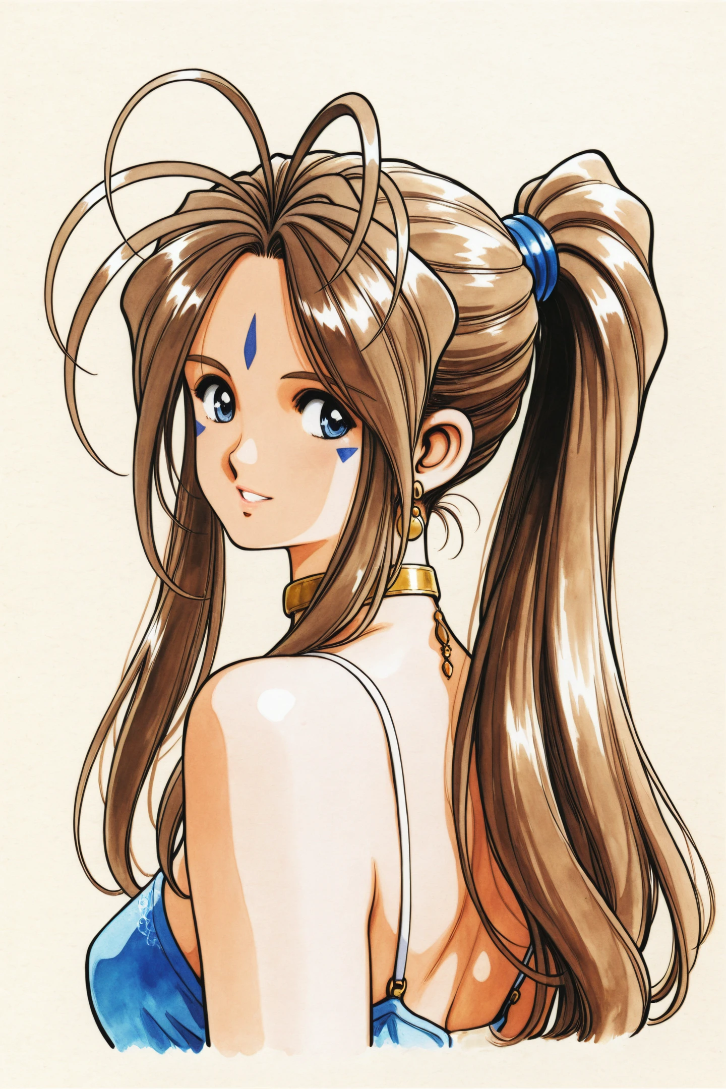 Belldandy,1girl,solo,long hair,jewelry,brown hair,earrings,ponytail,facial mark,choker,forehead mark,looking back,traditional media,
<lora:Kosuke Fujishima_illustriousXL:0.4>,
<lora:Adachi_illustriousXL:1>,