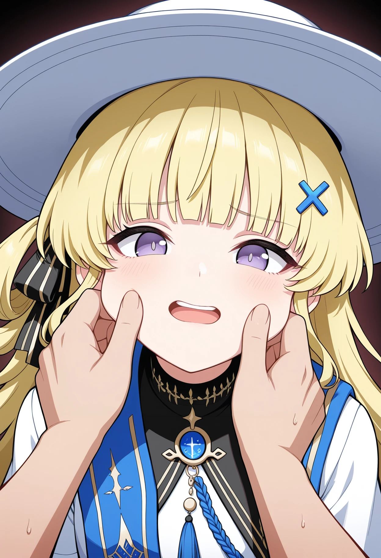 masterpiece, best quality, good quality,
1girl, phoebe \(wuthering waves\), 1boy, black ribbon, blonde hair, cheek pinching, cross hair ornament, hair ornament, hair ribbon, hat, long hair, looking at viewer, open mouth, pinching, ribbon, shirt, solo focus, sweat, teeth, upper body, upper teeth only, white hat, white shirt