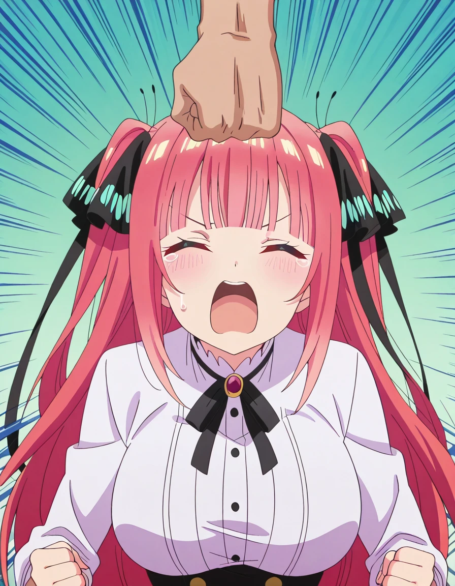 masterpiece, best quality, amazing quality,, <lora:nnakano-s2-ponyxl-lora-nochekaiser:1>, long hair, bangs, hair ornament, hair ribbon, pink hair, blunt bangs, two side up, butterfly hair ornament, large breasts, anime screencap, <lora:punching-top-of-head-illustriousxl-lora-nochekaiser:1>, punching top of head, punching, emphasis lines, open mouth, clenched fist, closed eyes, simple background, , ,