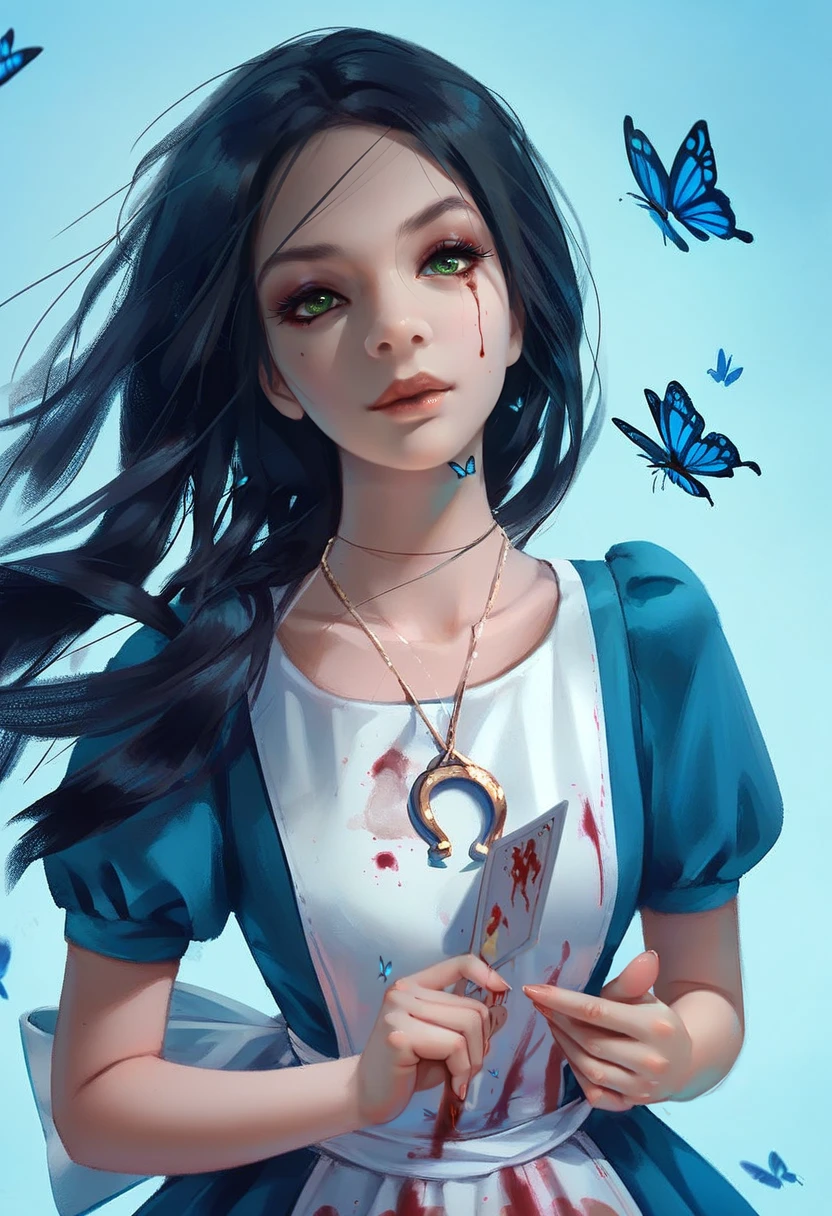 1girl, solo, black hair, upper body shot, long hair, apron, (blue dress:1.2), green eyes, blue butterflies around, makeup, blood on apron, AMRCD, necklace, holding playing card, <lora:AliceMadnessReturnsSPonyV11:1> , <lora:Wlop_v3_Style_PonyXL:0.8> by wlop. wlop,, score_9, score_8_up, score_7_up,
