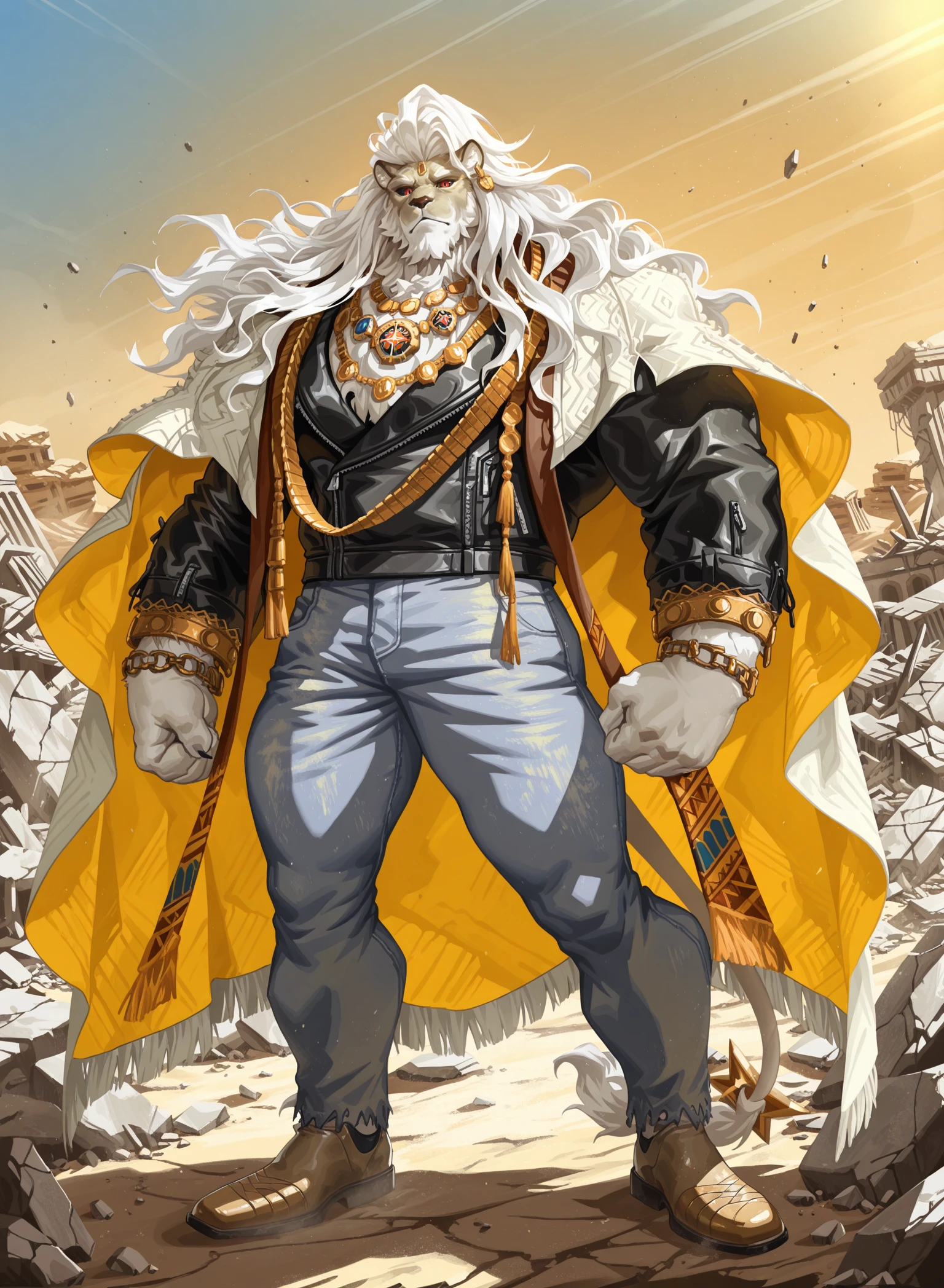 zPDXL2,general,masterpiece,best quality,amazing quality,anatomically correct,furry,furry male,male focus,(near:2),highres,game cg,mature,on a desert,rubble_ruins,solo,
j@vid,lion,mature male,long hair,white hair,black_sclera,red eyes,necklace,facial hair,jeans,jacket,cloak,leather_shoes,
muscular male,muscular,bara,standing,(dynamic pose:0.5),(posing:0.5),looking_at_viewer,
BREAK by nightterror,by lindong,by zixiong,
<lora:NOOB_vp1_detailer_by_volnovik_v1:1>,<lora:zoroj:0.4>,<lora:Rokudenashi_Style_V1_ILXL:0.2>,<lora:Javid_IL:1>,