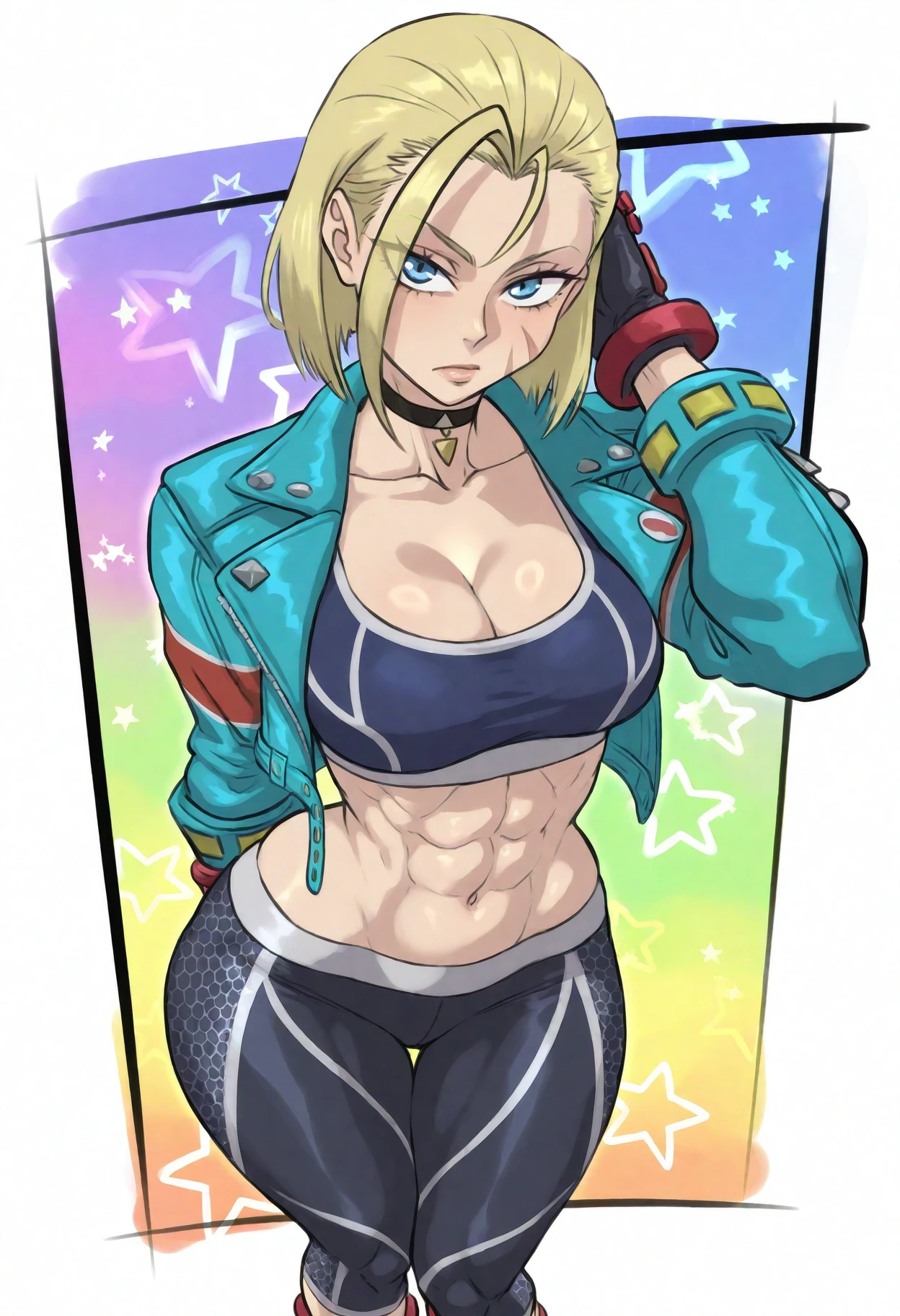 <lora:DittochadBlora02CLScMimicCWR3AdaFix:1>,M1C3S3D7C1H4B8L8R,uncensored,colorful background, stars background, drawn stars background, colorful stars on background, three quarter view, from above,
1girl, cammy white, solo, blonde hair, jacket, blue eyes, breasts, blue jacket, navel, scar, scar on face, pants, choker, scar on cheek, midriff, looking at viewer, cleavage, open jacket, sports bra, open clothes, black sports bra, short hair, crop top, closed mouth, pendant choker, black pants, official alternate costume, collarbone, stomach, medium hair, black choker, yoga pants, long sleeves, cropped jacket, cowboy shot, medium breasts, arm behind back, strapless, large breasts, red footwear, tight pants, white border, abs,,masterpiece, best_quality, very_awa, absurdres, very_as2, hdr, High_dynamic_range, rich_details, clear_shadows_and_highlights, intense, enhanced_contrast, highly_detailed, amazing_quality, very_aesthetic