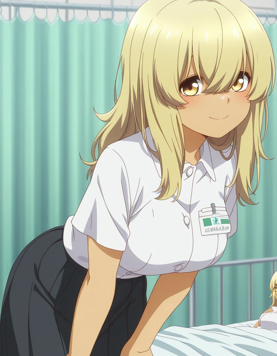 masterpiece, best quality, amazing quality,, <lora:kana-higa-s1-illustriousxl-lora-nochekaiser:1>, kana higa, long hair, bangs, blonde hair, hair between eyes, yellow eyes, mature female, breasts, anime screencap, skirt, school uniform, black skirt, collared shirt, short sleeves, pleated skirt, long skirt,, infirmary, bed, medical supplies, nurse, first aid, smile, hands on own knees, looking at viewer, solo,, cowboy shot, solo