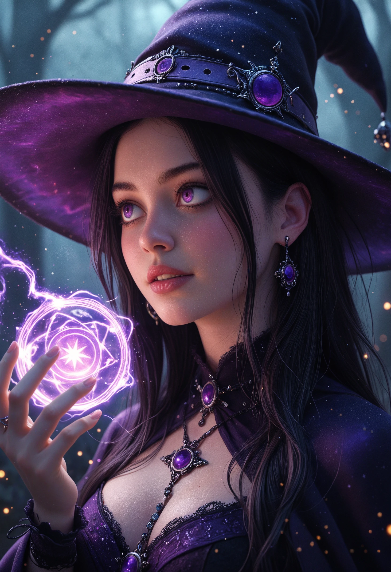 masterpiece, high_quality, highres, sharp_focus, detailed_eyes, portrait,
1girl, witch, magical, magic_spell, purple_fog, high_fashion, earrings, jewelry, light_particles