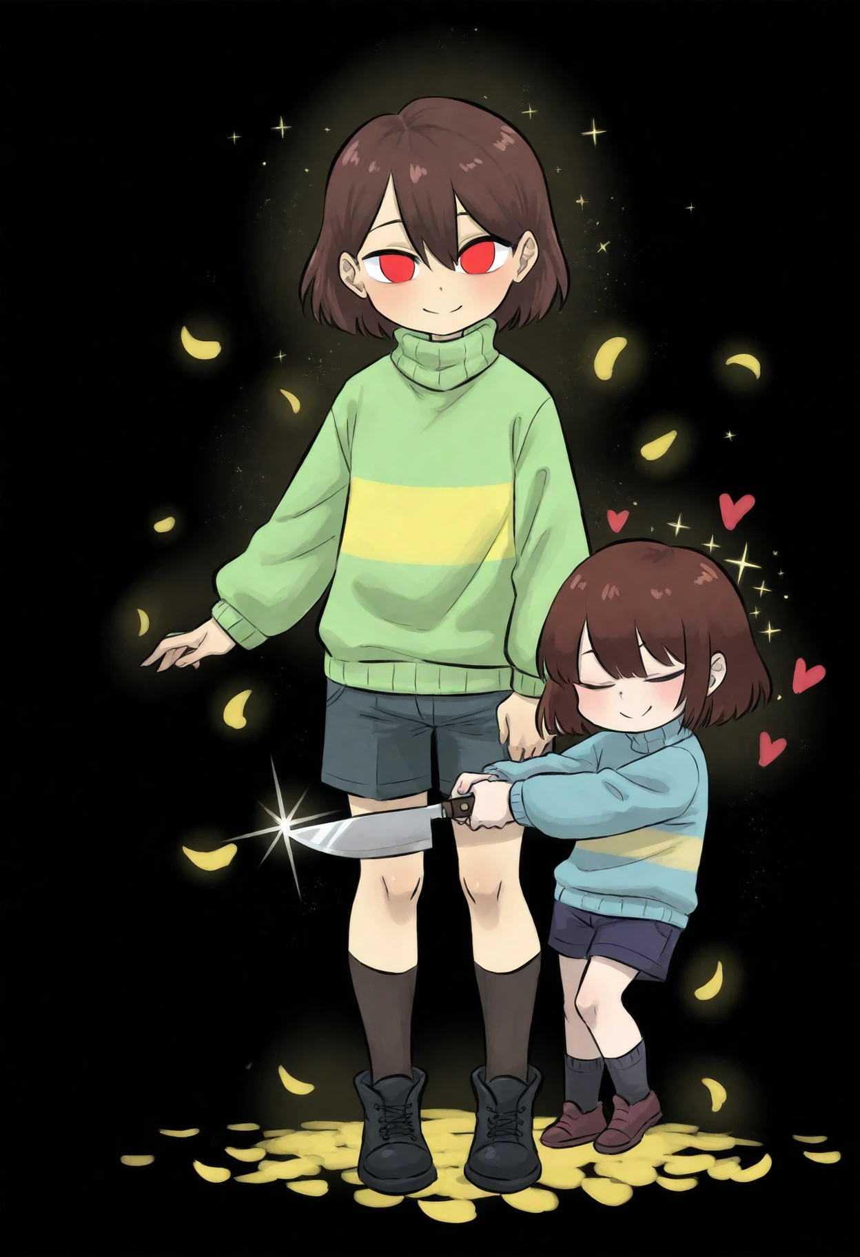 <lora:DittochadBlora02CLScMimicCWR3AdaFix:1>,M1C3S3D7C1H4B8L8R,uncensored,chara \(undertale\), frisk \(undertale\), 2others, black background, black footwear, black shorts, black socks, blue sweater, bob cut, broken heart, brown hair, closed eyes, closed mouth, deformed, double-parted bangs, falling petals, full body, green sweater, hair behind ear, hair between eyes, heart, holding, holding knife, kneehighs, knife, light particles, long sleeves, looking at viewer, multiple others, no pupils, other focus, petals, pink sweater, red eyes, short hair, shorts, simple background, smile, socks, sparkle, standing, striped clothes, striped sweater, sweater, turtleneck, turtleneck sweater, two-tone sweater, u u, yellow petals, yellow sweater,,masterpiece, best_quality, very_awa, absurdres, very_as2, hdr, High_dynamic_range, rich_details, clear_shadows_and_highlights, intense, enhanced_contrast, highly_detailed, amazing_quality, very_aesthetic