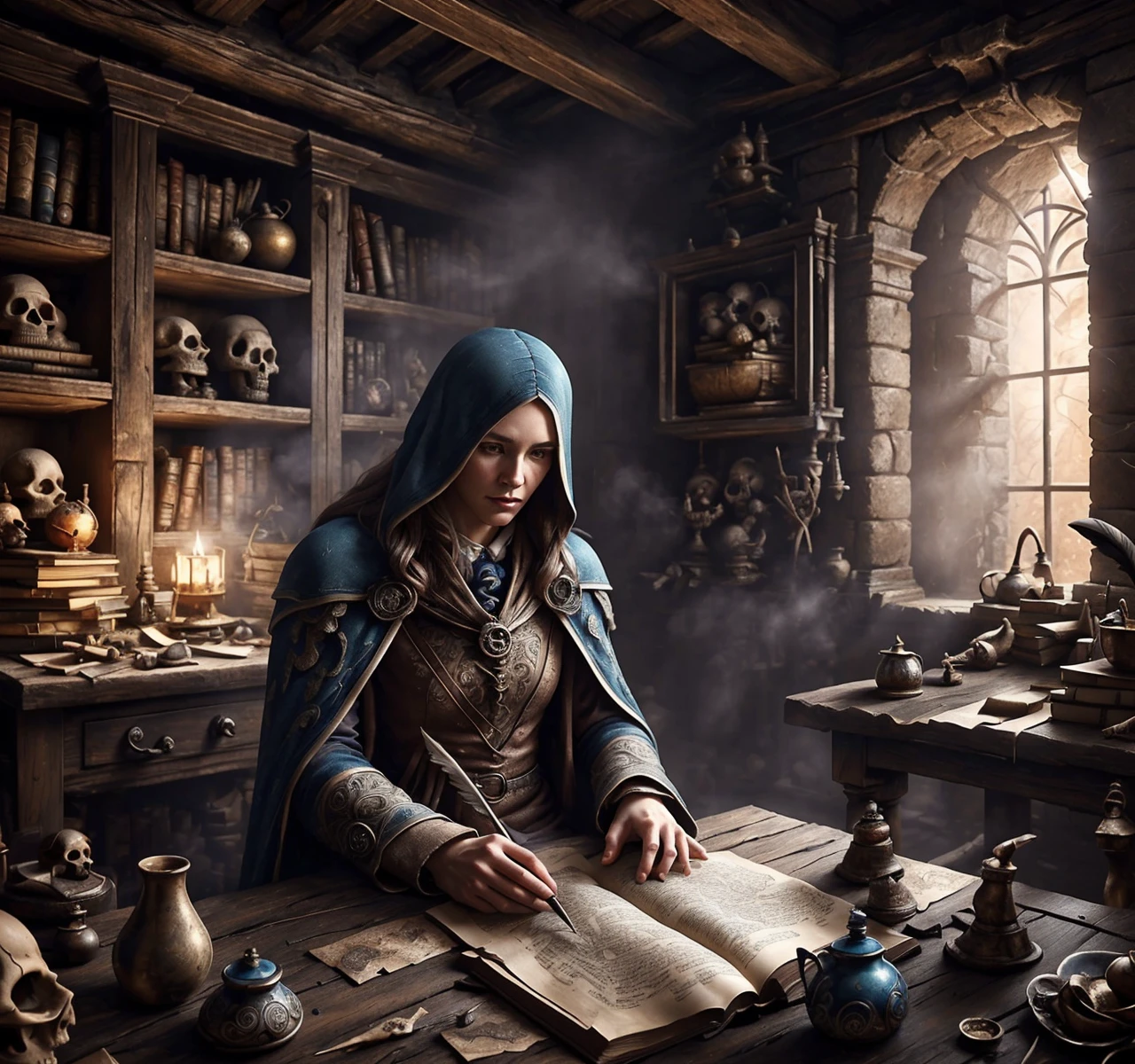 RAW photo, (masterpiece:1.3), subsurface scattering, heavy shadow, (high quality:1.4), (intricate, high detail:1.2), professional photography, HDR, High Dynamic Range, realistic, ultra realistic, photorealistic, high resolution, film photography, ambient lighting, atmospheric effects, <lora:detail_slider_v4:2>, OverallDetail, <lora:FantasyStudy:1> , book, bookshelf, candle, capelet, cup, fanstu, gloves, indoors, long hair, no humans, quill, scenery, sitting, skull, solo, steam, window