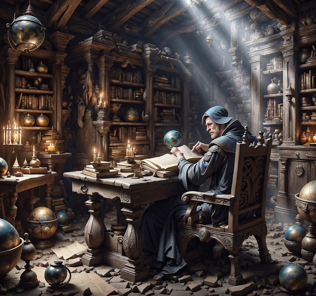 RAW photo, (masterpiece:1.3), subsurface scattering, heavy shadow, (high quality:1.4), (intricate, high detail:1.2), professional photography, HDR, High Dynamic Range, realistic, ultra realistic, photorealistic, high resolution, film photography, ambient lighting, atmospheric effects, <lora:detail_slider_v4:2>, OverallDetail, <lora:FantasyStudy:1> , 1boy, armchair, book, bookshelf, bowl, candle, fanstu, globe, holding, indoors, jewelry, male focus, no humans, open book, paper, scenery, sitting, standing, sunlight, wizard, wizard hat