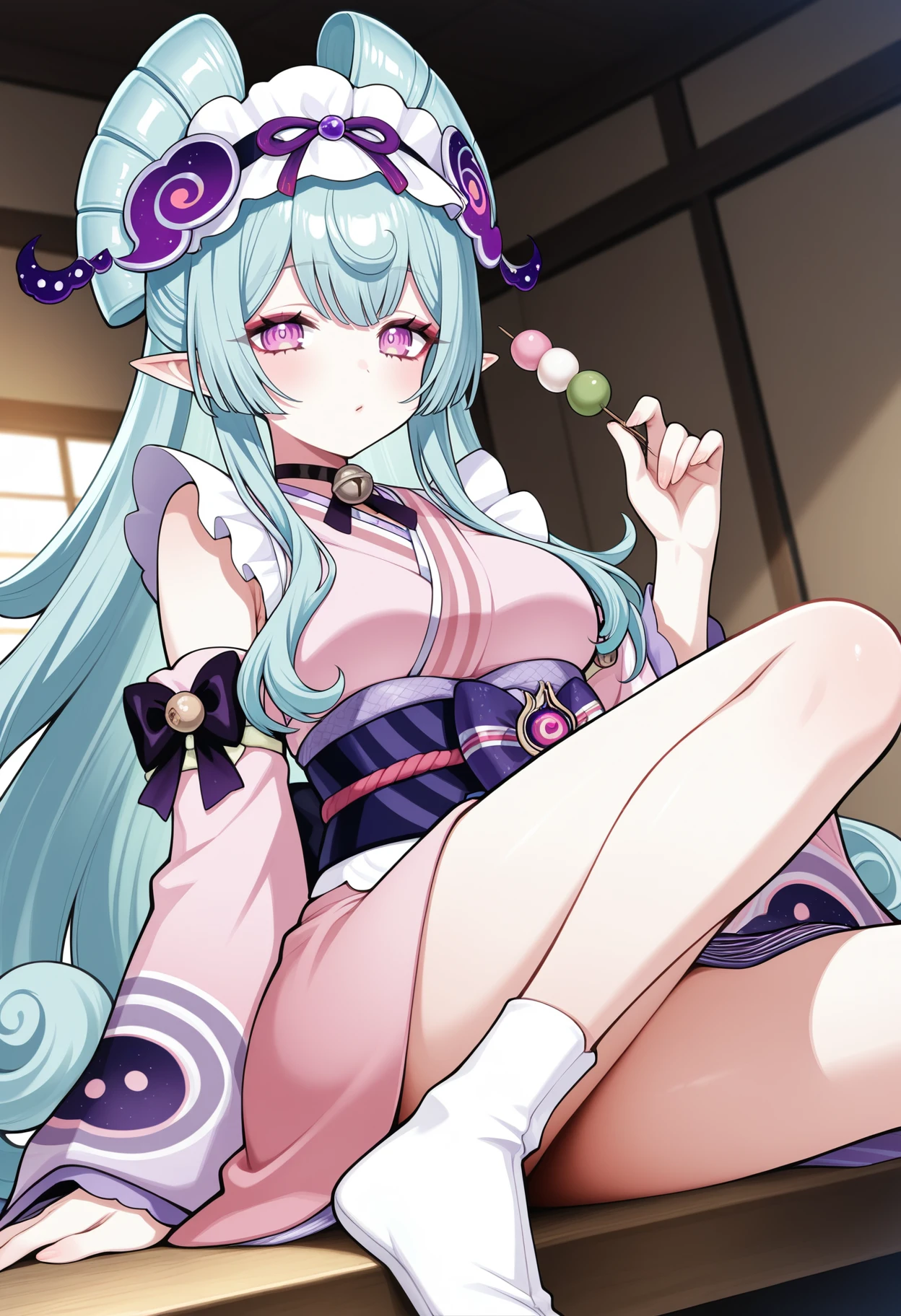 masterpiece, best quality, good quality,
1girl, yumemizuki mizuki, bell, blue hair, breasts, dango, detached sleeves, feet, food, frilled hairband, frills, green hair, hair ornament, hairband, indoors, japanese clothes, kimono, large breasts, long hair, looking at viewer, medium breasts, neck bell, nihongami, obi, pink eyes, pink kimono, pink pupils, pink sleeves, pointy ears, purple eyes, sash, sitting, sleeve bow, socks, solo, tabi, undressing, virtual youtuber, wagashi, white socks