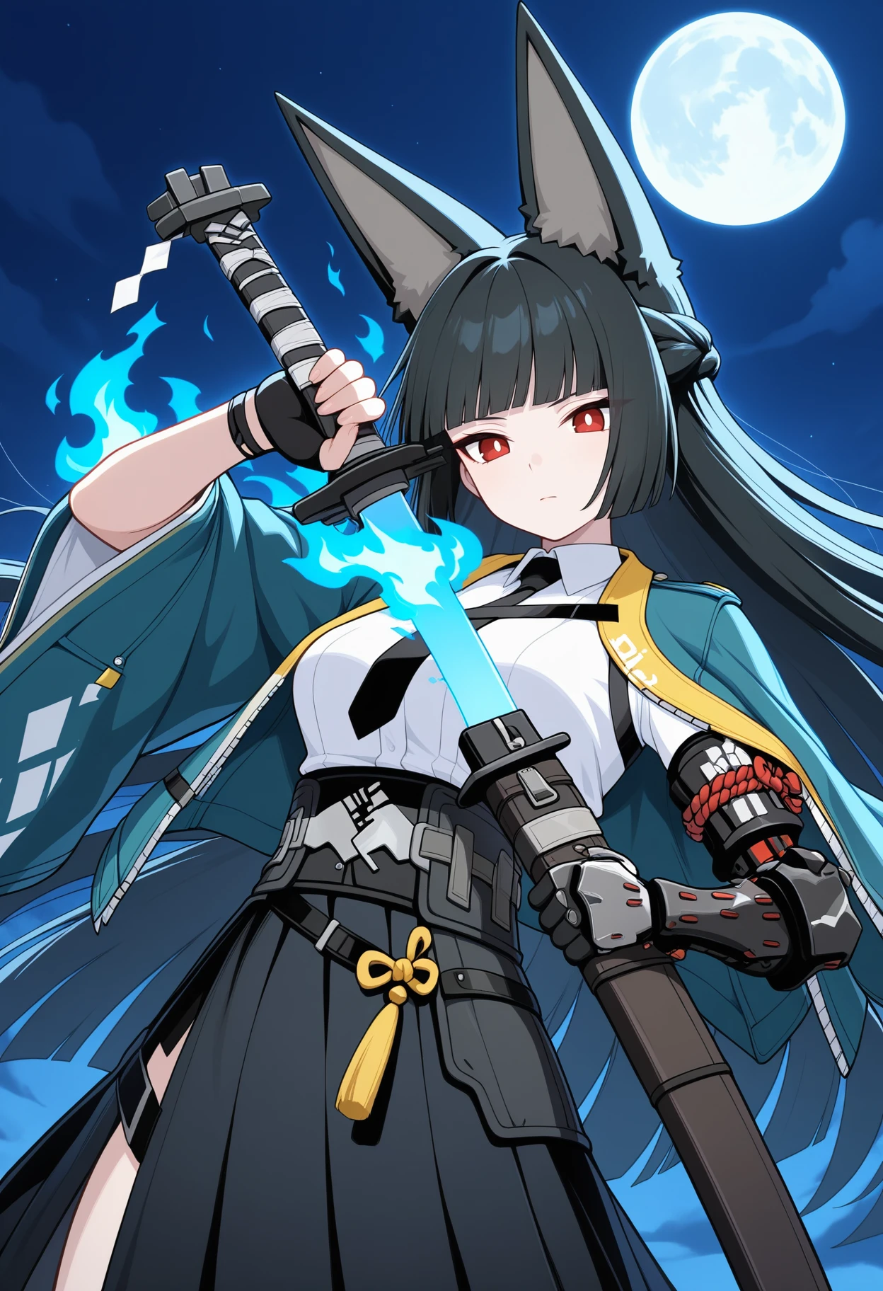 masterpiece, best quality, good quality,
1girl, hoshimi miyabi, animal ears, black hair, black skirt, blue fire, blunt bangs, facing viewer, fingerless gloves, fire, fox ears, fox girl, full moon, gloves, green jacket, high-waist skirt, holding, holding sword, holding weapon, jacket, moon, night, red eyes, sheath, shirt, skirt, solo, sword, sword in front of face, unsheathing, weapon, white shirt