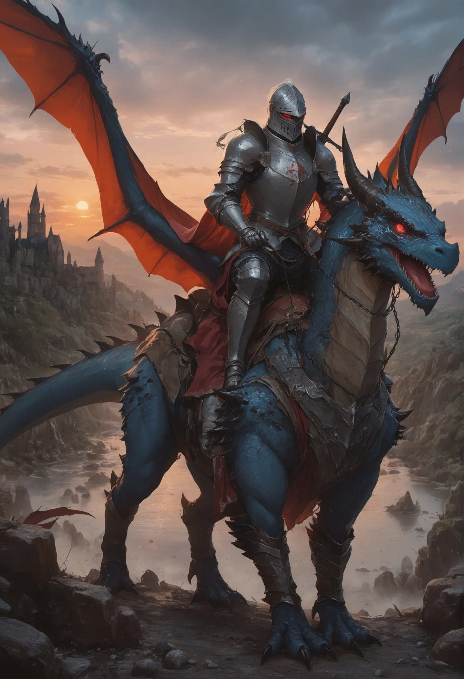 unholy-aesthetic,masterpiece,best quality,amazing quality,very aesthetic,absurdres,ultra detailed face,ultra detailed eyes,
<lora:MythicalBeastRiderDragon_Illustrious_V5:0.9>,mythicalbeastrider, mythicalbeastrider, outdoors, cloudy sky, ruins, castle, river, cloud, solo, 1boy (weapon, sword, red cape, armored boots, knight, weapon on back, full armor, riding on back, pauldrons, gauntlets), animal (dragon, claws, armor, saddle, red eyes, walking, wings, open mouth), scenery, sunset, rock, fantasy,high resolution,amazing quality,best quality,{anime}, good lighting, detailed eyes, {very aesthetic}, {detailed},anime screencap,anime coloring, <lora:AddMicroDetails_Illustrious_v2:0.5>, addmicrodetails