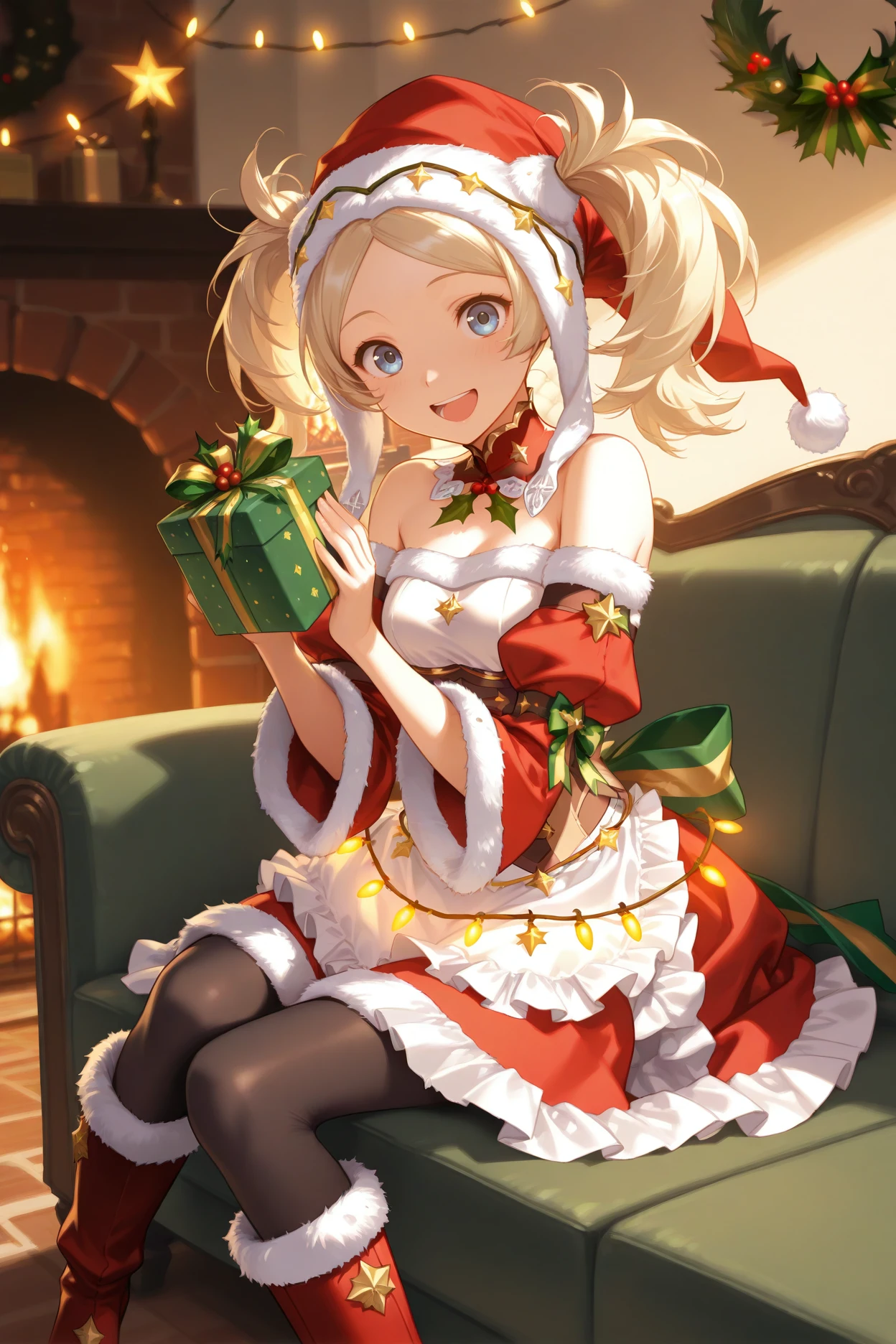 masterpiece, best quality, 1girl, solo, <lora:felissa-illu-nvwls-v1-000006:1> wtrliz, blue eyes, blonde hair, twintails, santa hat, red collar, bare shoulders, fur trim, red dress, red sleeves, wide sleeves, brown underbust, white apron, frilled apron, black pantyhose, red boots, fur-trimmed boots, sitting, couch, fireplace, christmas lights, holding gift box, happy, excited, open mouth, looking at viewer