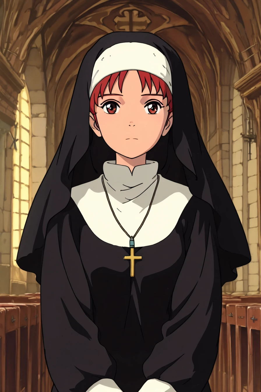 1girl, solo, alone, nun, cross necklace, looking at the viewer, <lora:ghibli_midjourney_style_illustriousXL:1>, ghibli_midjourney_style, masterpiece, highres