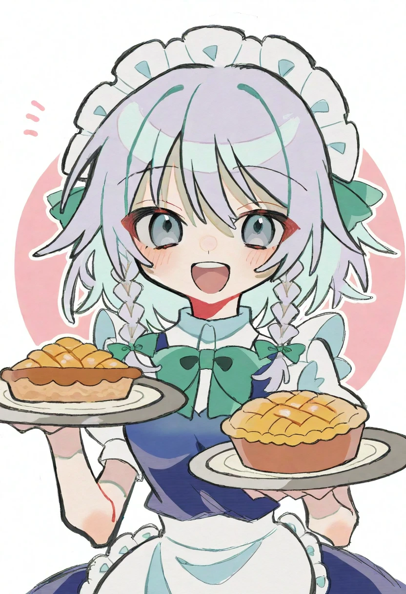 <lora:MCNSMoppuB:1>, M1C3N3s7M1o4p8p8u,,
1girl, izayoi sakuya, solo, food, braid, green bow, maid headdress, twin braids, open mouth, bow, apron, grey eyes, short sleeves, holding, smile, upper body, green bowtie, maid, tray, looking at viewer, puffy sleeves, grey hair, white shirt, blue dress, shirt, puffy short sleeves, holding tray, dress, short hair, bowtie, upper teeth only, white apron, hair bow, pie, teeth, maid apron, medium hair, collared shirt, white hair, :d, waist apron, frills, plate, blue eyes,
masterpiece, best_quality, very_awa, absurdres, very_as2, hdr, High_dynamic_range, rich_details, clear_shadows_and_highlights, intense, enhanced_contrast, highly_detailed, amazing_quality, very_aesthetic