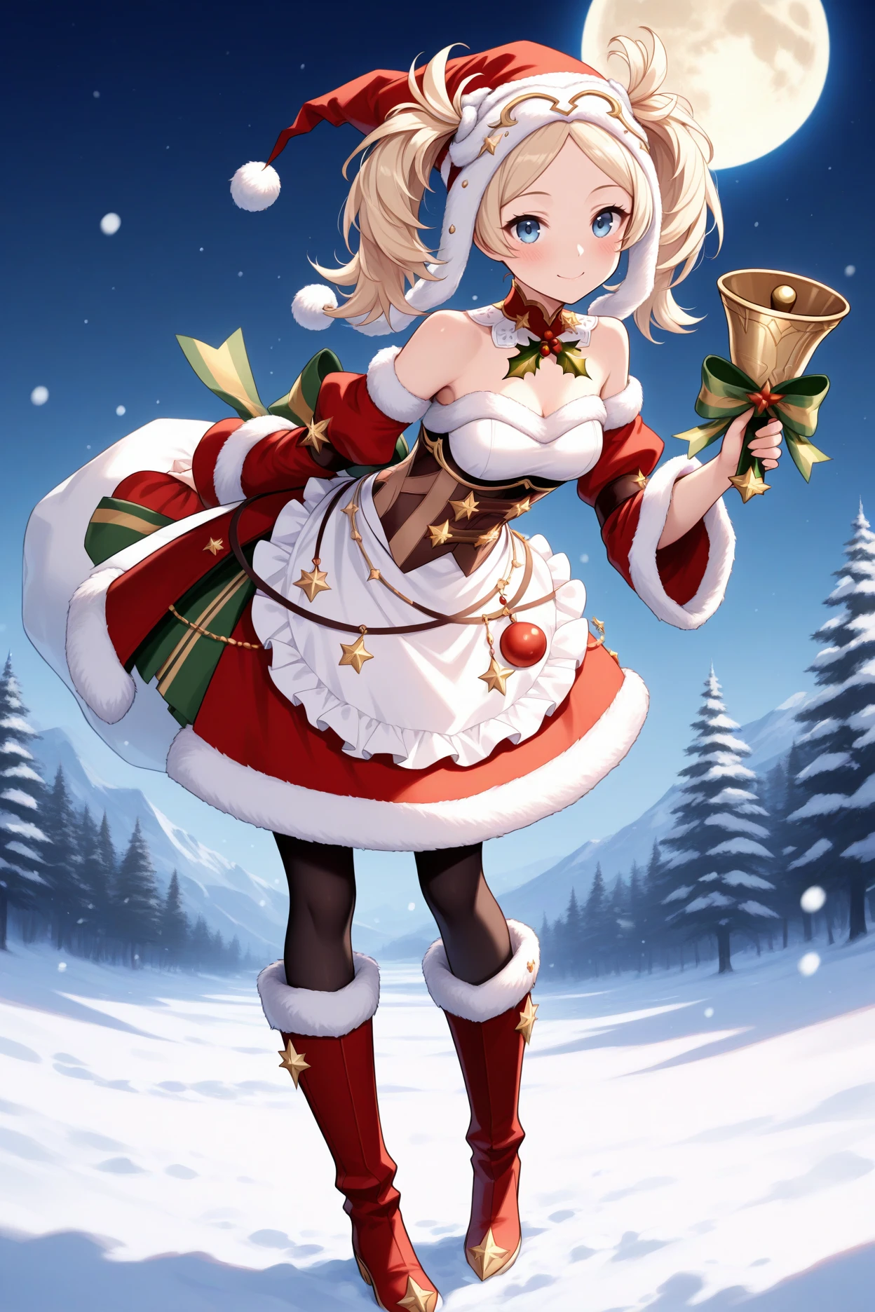 masterpiece, best quality, 1girl, solo, <lora:felissa-illu-nvwls-v1-000006:1> wtrliz, blue eyes, blonde hair, twintails, santa hat, red collar, bare shoulders, fur trim, red dress, red sleeves, wide sleeves, brown underbust, white apron, frilled apron, black pantyhose, red boots, fur-trimmed boots, holding bell, smile, blush, snow, winter, moon, night, looking at viewer, leaning forward, standing, full body