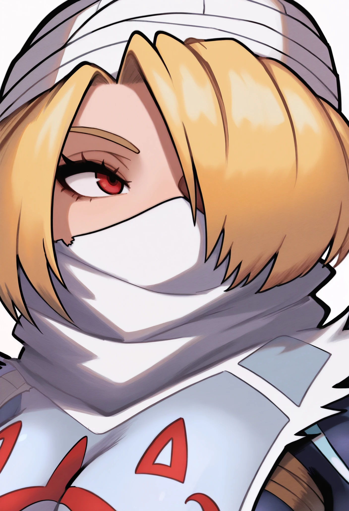 1girl, solo, portrait, white background, smile,
blonde hair, hair over one eye, red eyes, breasts, turban, white mask, ninja mask, bandages, bandaged arms, tabard, dark blue bodysuit,
masterpiece, best quality, <lora:Kohei_Horikoshi-IllustriousV102-guy90:1>, ihshok, <lora:sheik-illu-nvwls-v1:1> ootshk