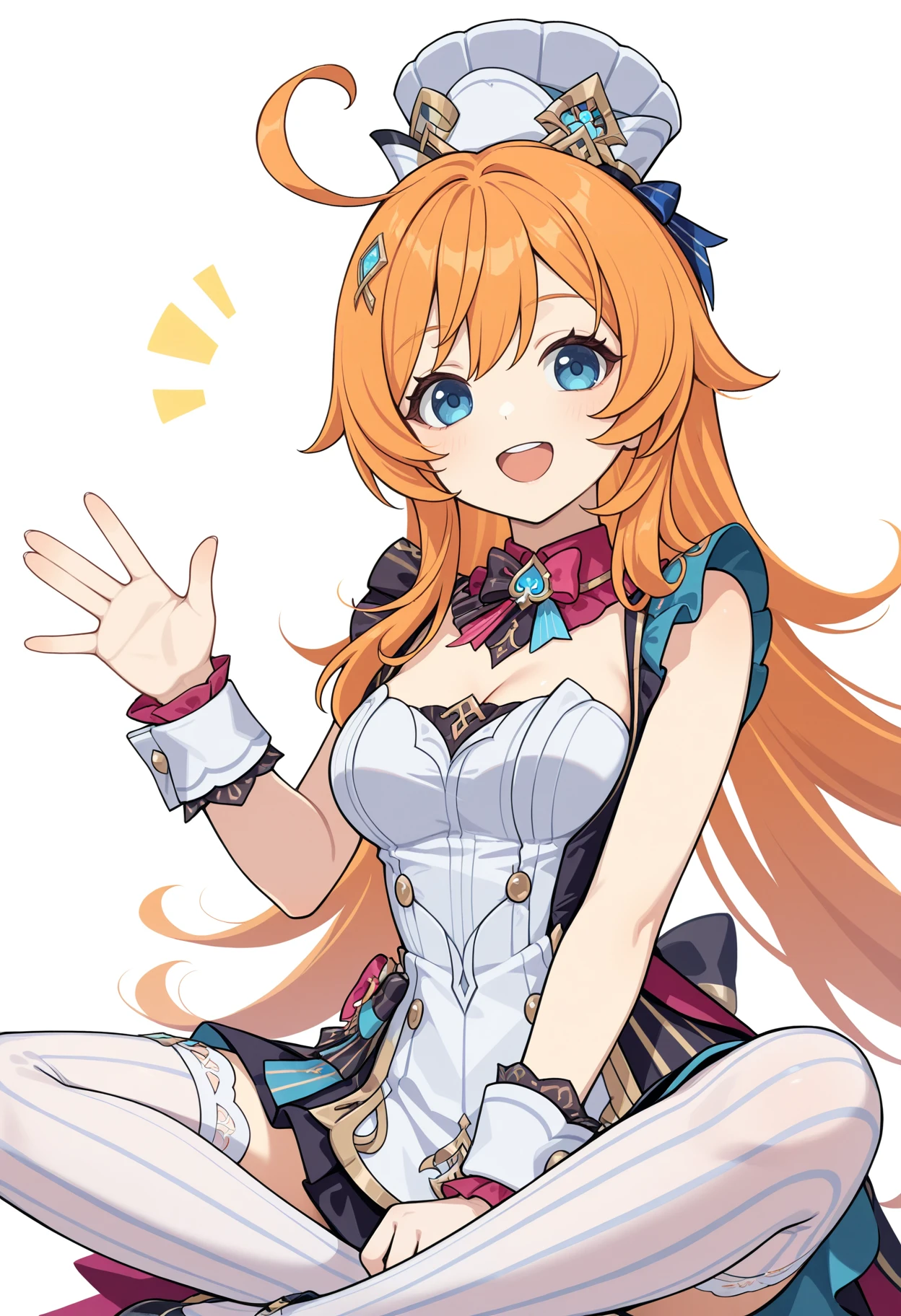 <lora:Escoffier_v1.2_illustrious-000080>,(Escoffier\(Genshin Impact\):0.8),1girl,solo,white hat,blue eyes,white thighhighs,ahoge,dress,breasts,looking at viewer,blue hair ornament,vertical-striped thighhighs,orange hair,indian style,smile,upper_teeth,waving,white background,wrist cuffs