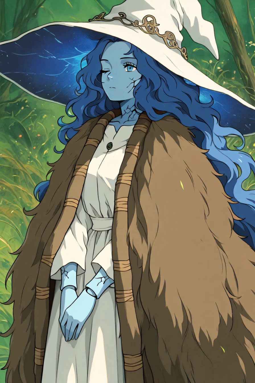 <lora:Ranni_illusXLNoobAI_Incrs_v1:0.4> RnnDef, blue eyes, one eye closed, blue hair, wavy hair, blue skin, colored skin, cracked skin, doll joints, witch hat, large hat, white headwear, white dress, long sleeves, fur cloak, brown cloak, <lora:ghibli_midjourney_style_illustriousXL:1>, ghibli_midjourney_style, masterpiece, highres