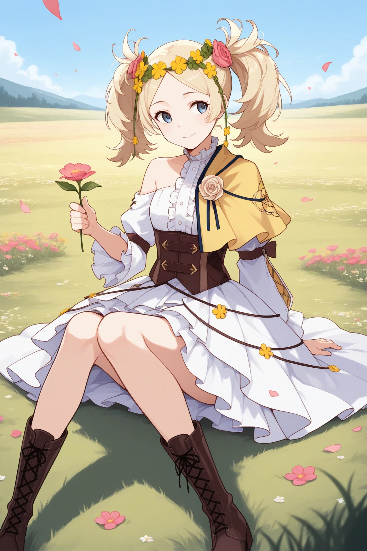 masterpiece, best quality, 1girl, solo, <lora:felissa-illu-nvwls-v1-000006:1> valliz, blue eyes, blonde hair, twintails, hair flower, head wreath, hair ornament, side cape, yellow capelet, single bare shoulder, frilled sleeves, frilled collar, brown corset, white dress, layered skirt, lace-up boots, holding flowers, sitting on ground, meadow, looking to the side, smile, flower petals, blue sky, wide shot