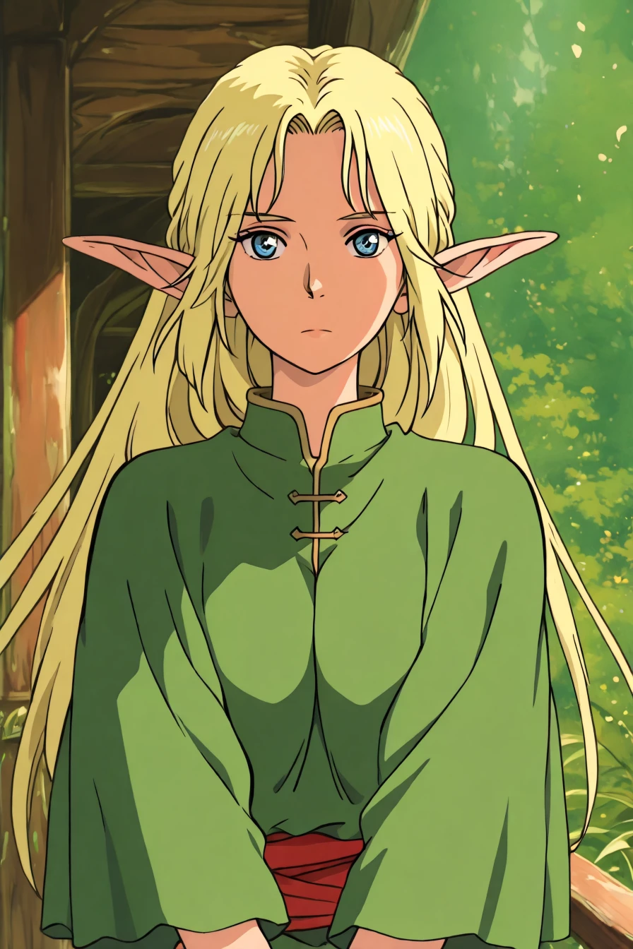 1girl, solo, alone, elf, pointy ears, looking at the viewer, <lora:ghibli_midjourney_style_illustriousXL:1>, ghibli_midjourney_style, masterpiece, highres