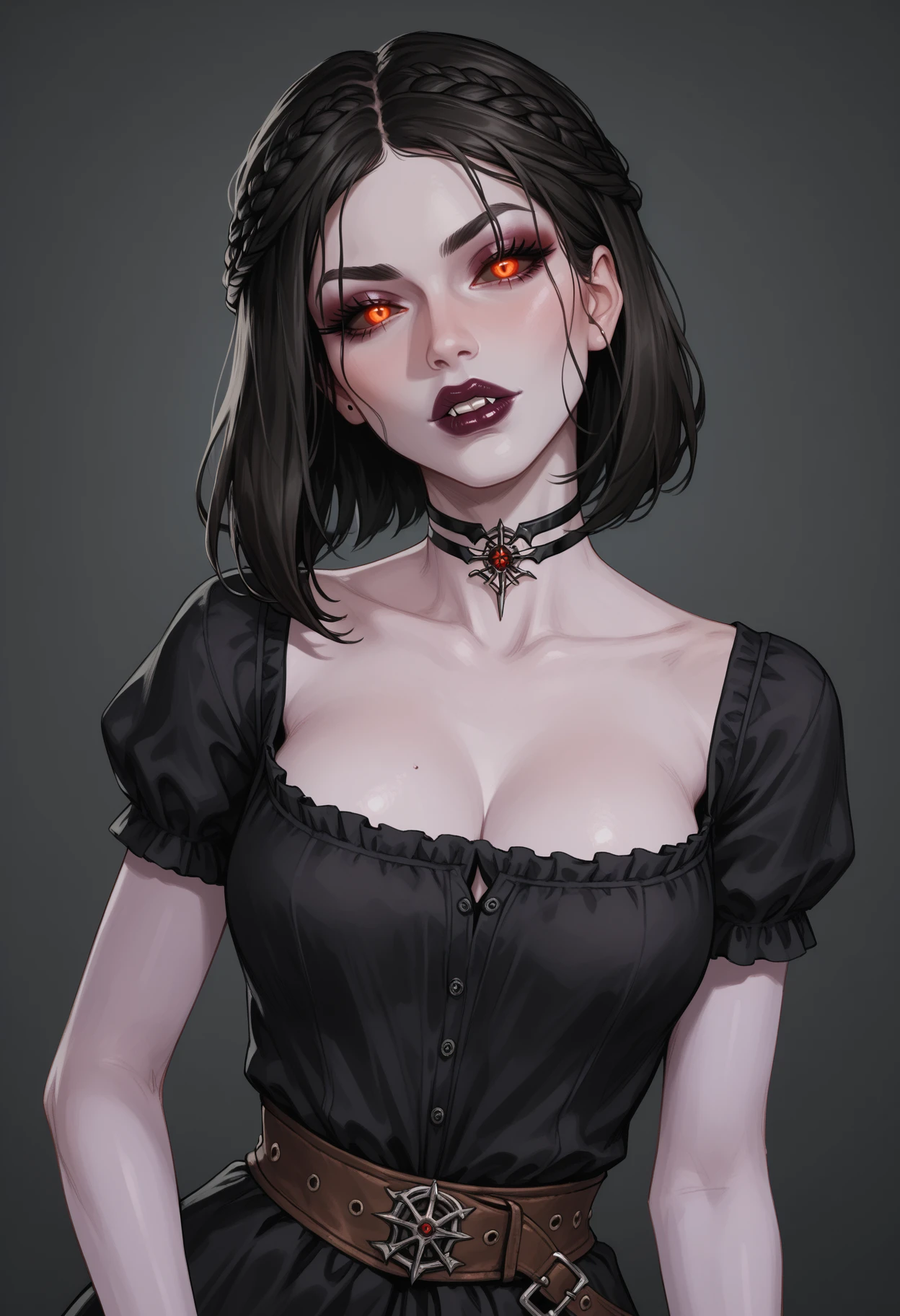 score_9, score_8_up, score_7_up, score_6_up, score_5_up, censored, <lora:NM_tes_Serana:1>, BREAK NM_tes_Serana, skyrim, 1girl, solo, orange eyes, red eyes, glowing eyes, colored sclera, black sclera, vampire, medium hair, black hair, braid, breasts, fangs, vampire fangs, full lips, big lips, lip fillers, makeup, eyeshadow, eyeliner, lipstick, purple lips, sharp fingernails, long fingernails, nail polish, red nails,choker, dress, grey background, ring, black choker, black dress, simple background, upper body, short sleeves, colored skin, purple skin, head tilt, collarbone, looking at viewer