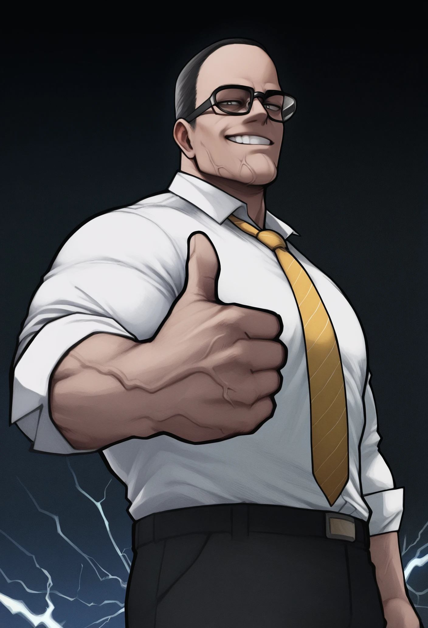 1boy, male focus, solo, dark background, lightning, glowing, looking at viewer, grin, abstract, foreshortening, american flag, thumbs up,
grey eyes, buzz cut, black hair, very short hair, manly, double chin, veins, black-framed eyewear, white shirt, yellow necktie, black pants,
masterpiece, best quality, <lora:Kohei_Horikoshi-IllustriousV102-guy90:1>, ihshok, <lora:Senator-Armstrong-NoobAi-1.1_V1-Manityro-CAME:1>