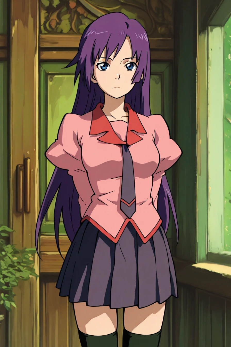 (hitagi senjougahara:0.6), bangs, long hair, blue eyes, purple hair,skirt, thighhighs, school uniform, necktie, black thighhighs, zettai ryouiki, naoetsu high school uniform, <lora:ghibli_midjourney_style_illustriousXL:1>, ghibli_midjourney_style, masterpiece, highres