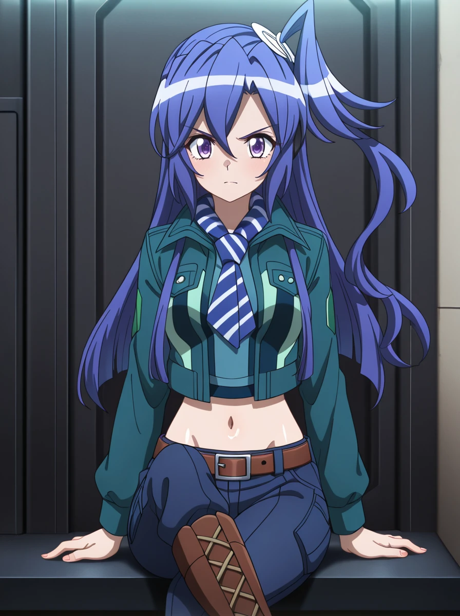 masterpiece, best quality, amazing quality, very aesthetic, absurdres, newest,shiny skin, anime screenshot, anime coloring senki zesshou symphogear, <lora:KazanariTsubasaILUST:1> blue_hair purple eyes, one side up, striped necktie, songuniform pants, belt, boots, sitting, crossed legs, jacket,closed_jacket gloces navel shirt_under_clothes