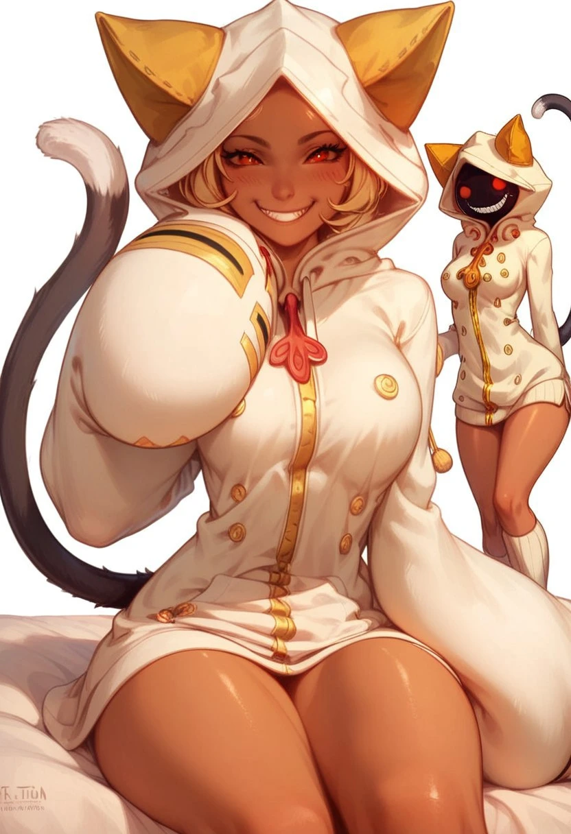 score_9, score_8_up, score_7_up, Artist_Kittew, Expressiveh, Taokaka, hood, animal hood, cat hood, red eyes, hoodie, tail,cat tail, smile, grin, teeth, claws, thighs, dark-skinned female, (masterpiece, best quality)