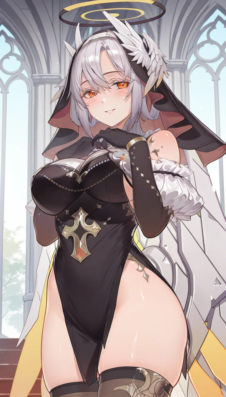 ((BLACK BACKGROUND,1:2, masterpiece)), full body MILF BIMBO standing with two long thighs and two metal sandals, red eyes, silver white hair, short bob style hair, big breasts, cleavage, separate sleeves, tiara royal, long cape up to two feet, yellow bikini, hands on waist, navel, lustful smirking smiling, smile face (red blushed, red cheeks), metal shoulders, gold sleeveless armbands, black leather choker slave collar, shackle bracelets, sex slave red crest, pauldrons, breastplate, corset, eye focus, full body, whole body. 1solo . slave fighter, loincloth standing, hands on hips, metal sandals, backpack, choker, big belt, view from below, feet together, bracers, tiara)