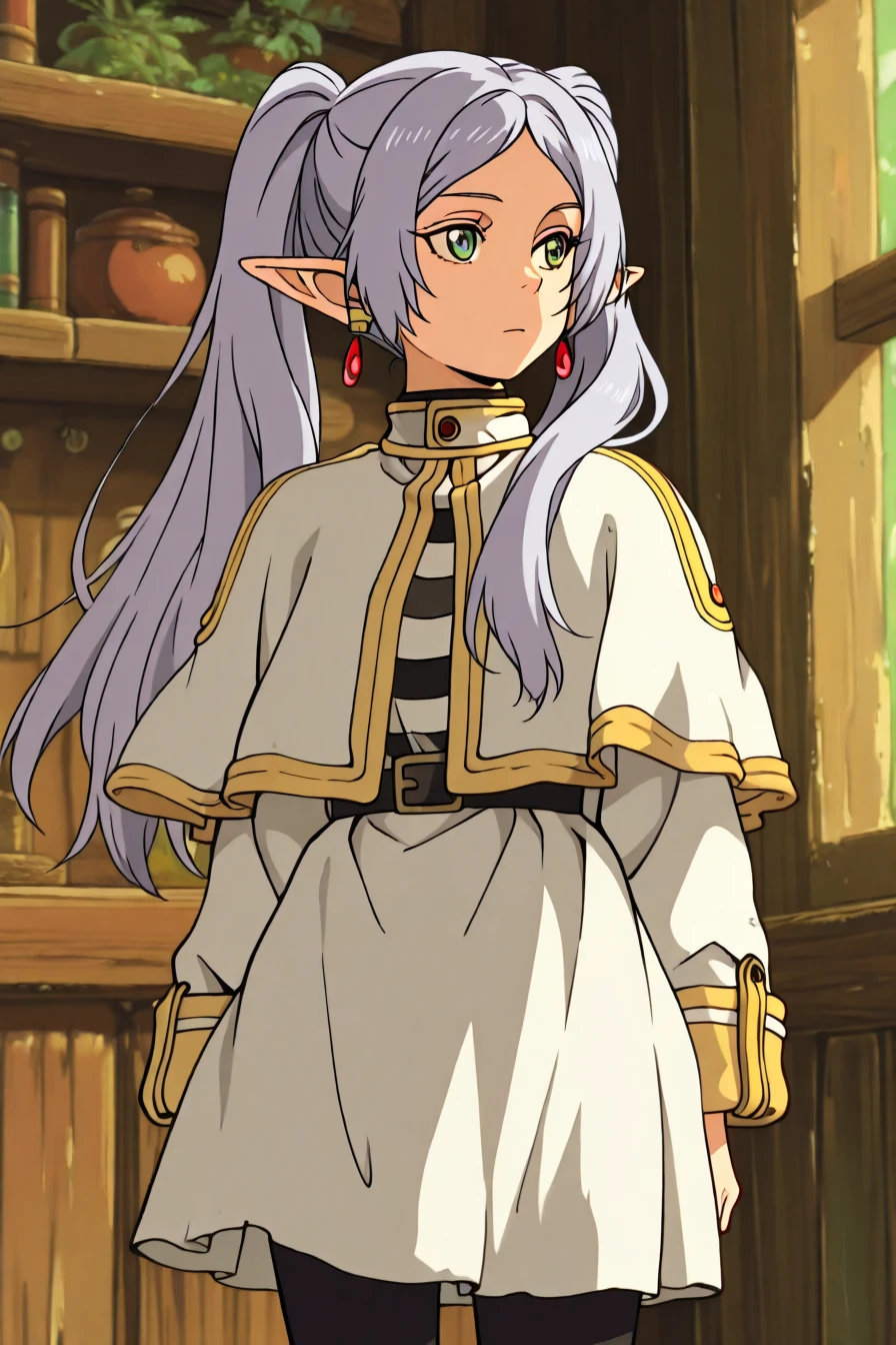 (frieren:0.2), long hair, twintails, green eyes, grey hair, pointy ears, elf, shirt, long sleeves, jewelry, pantyhose, earrings, striped, black pantyhose, capelet, striped shirt, skirt, white skirt, 1girl, solo, alone, <lora:ghibli_midjourney_style_illustriousXL:1>, ghibli_midjourney_style, masterpiece, highres