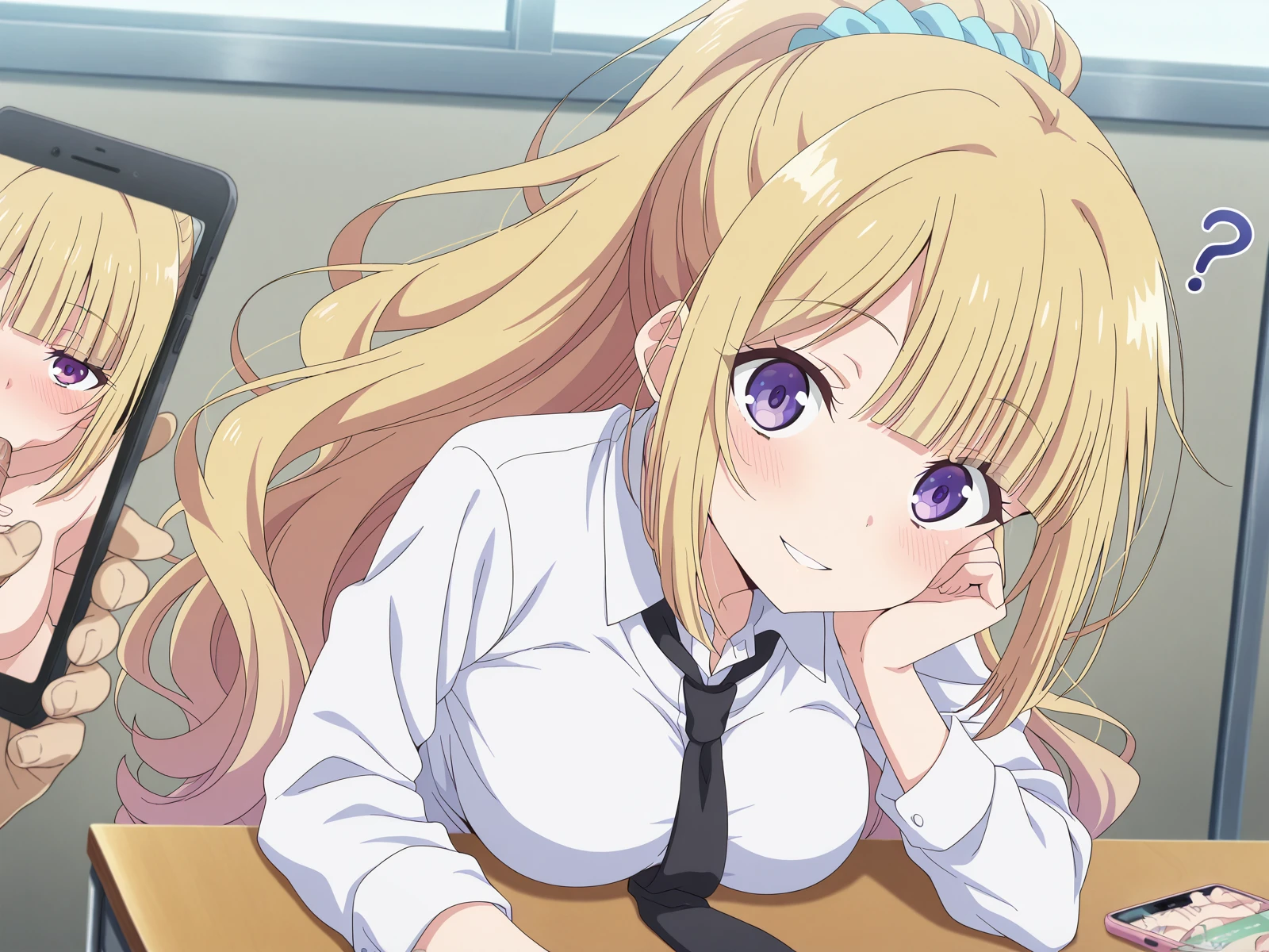 masterpiece, best quality, amazing quality,, <lora:kei-karuizawa-anime-s2-ponyxl-lora-nochekaiser:1>, kei karuizawa, long hair, bangs, blunt bangs, purple eyes, blonde hair, hair ornament, ponytail, scrunchie, blue scrunchie, medium breasts, anime screencap, <lora:smartphone-juxtaposition-illustriousxl-lora-nochekaiser:1>, smartphone juxtaposition, juxtaposition, 2girls, ?, pov, pov hand, hetero, phone, penis, shirt, necktie, black necktie, oral, white shirt, fellatio, collared shirt, cellphone, holding, smartphone, holding phone, looking at viewer, blush, long sleeves, desk, sitting, elbow rest, completely nude, smile, parted lips, , ,