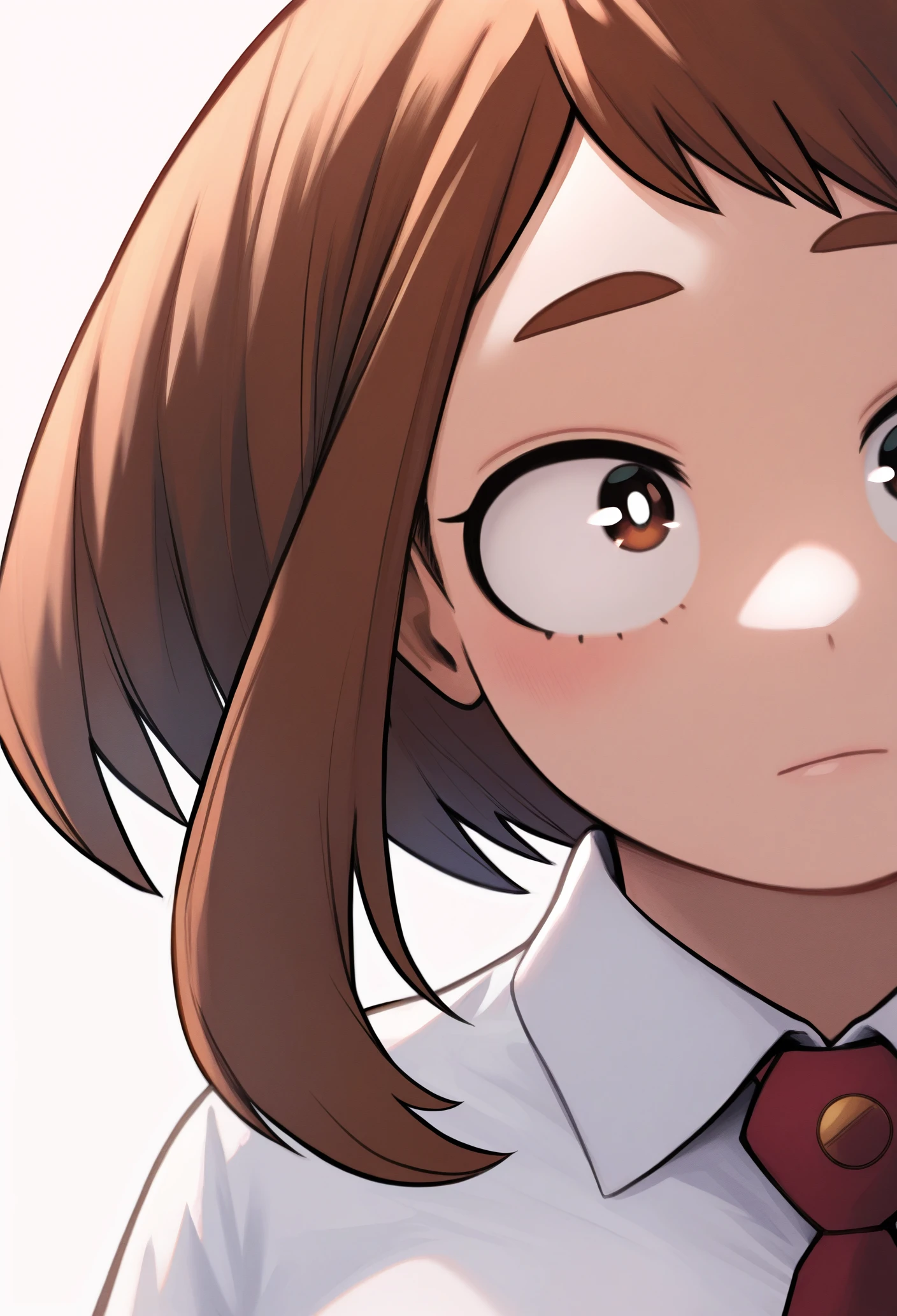 1girl, solo, portrait, uraraka ochako, red necktie, white shirt,
masterpiece, best quality, <lora:Kohei_Horikoshi-IllustriousV102-guy90:1>, ihshok