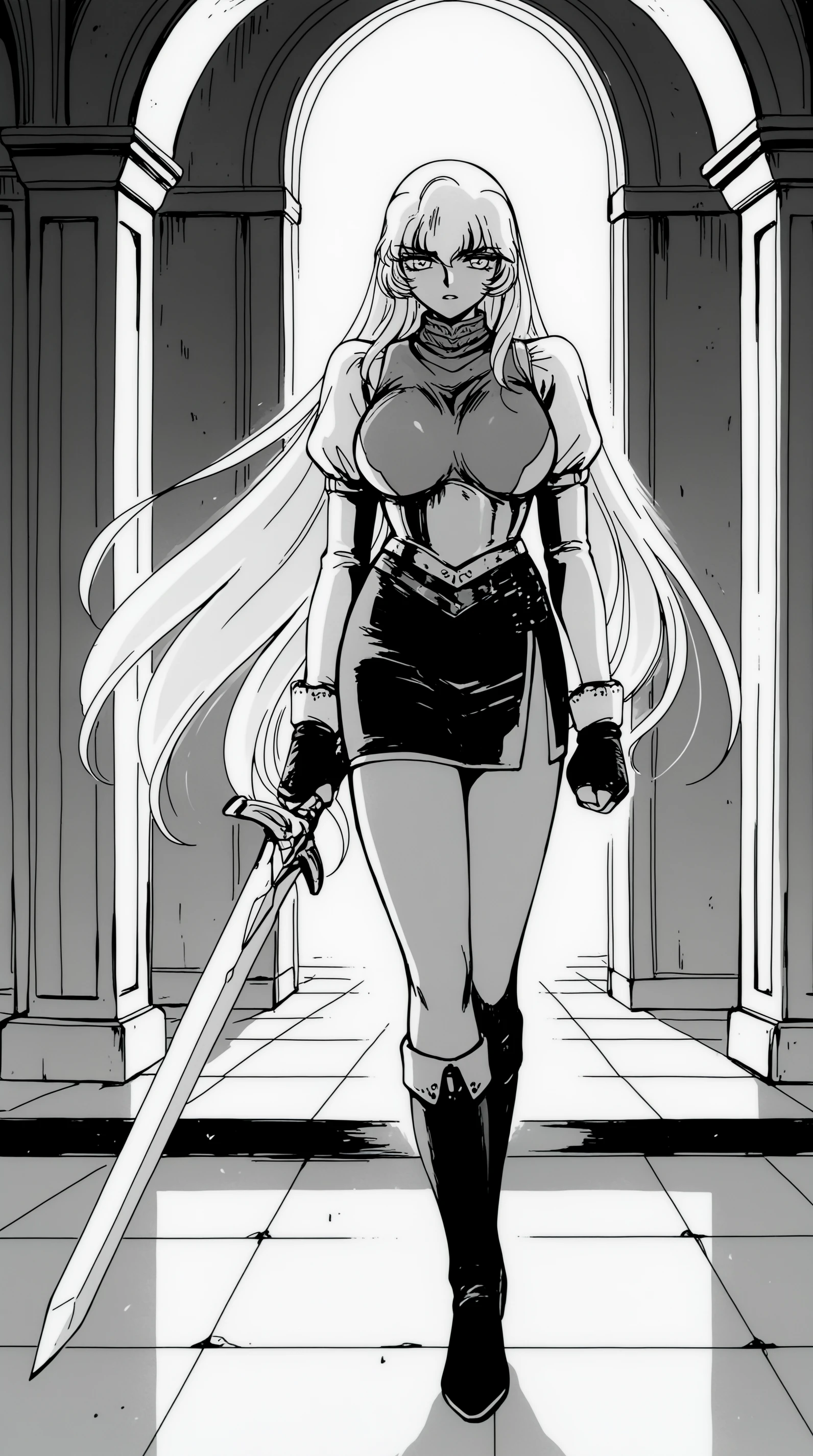 masterpiece, best quality, indoors, cinematic lighting, amazing quality, very aesthetic, absurdres, best quality, 4k, upscale, monochrome, greyscale, Lima Fiona, solo, skirt, gloves, very long hair, weapon, sword, fingerless gloves, full body, <lora:JN_Lima_Fiona_Illus:0.8>