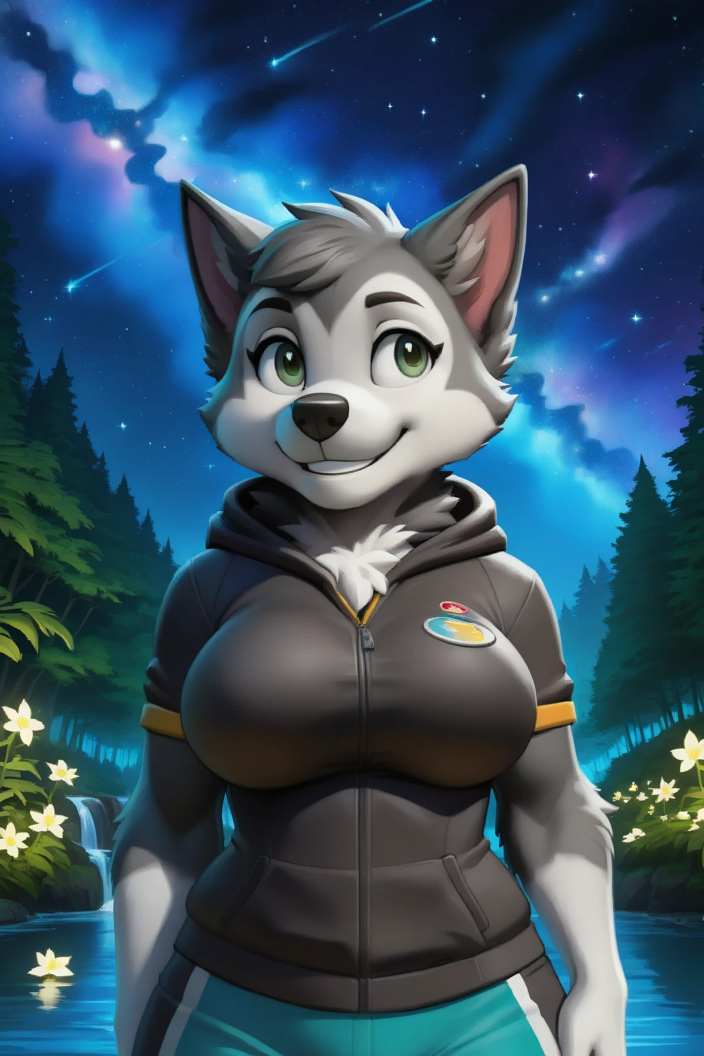 detailed fluffy fur texture, impasto impressionism, zackary911, Zaush, detailed eyes, solo, furry, anthro, GasketV2pp, domestic dog, female, dark green eyes, grey fur, light gray body, fur body, detailed fluffy fur texture, curvy, wide hips, inner fluff ears, from front, standing, hood, black hoodie, blue track shorts, backlighting, night forest, jungle, starry, nebula, plant, glowing flower, river, interior forest background, 1girl, smile, Big breasts, <lora:GasketV2pp-09:0.8>