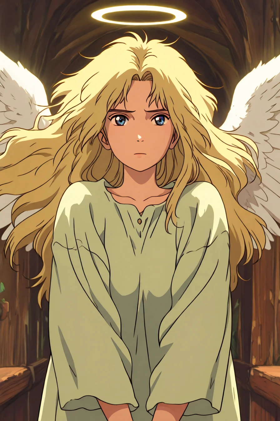 1girl, solo, alone, angel, wings, looking at the viewer, <lora:ghibli_midjourney_style_illustriousXL:1>, ghibli_midjourney_style, masterpiece, highres
