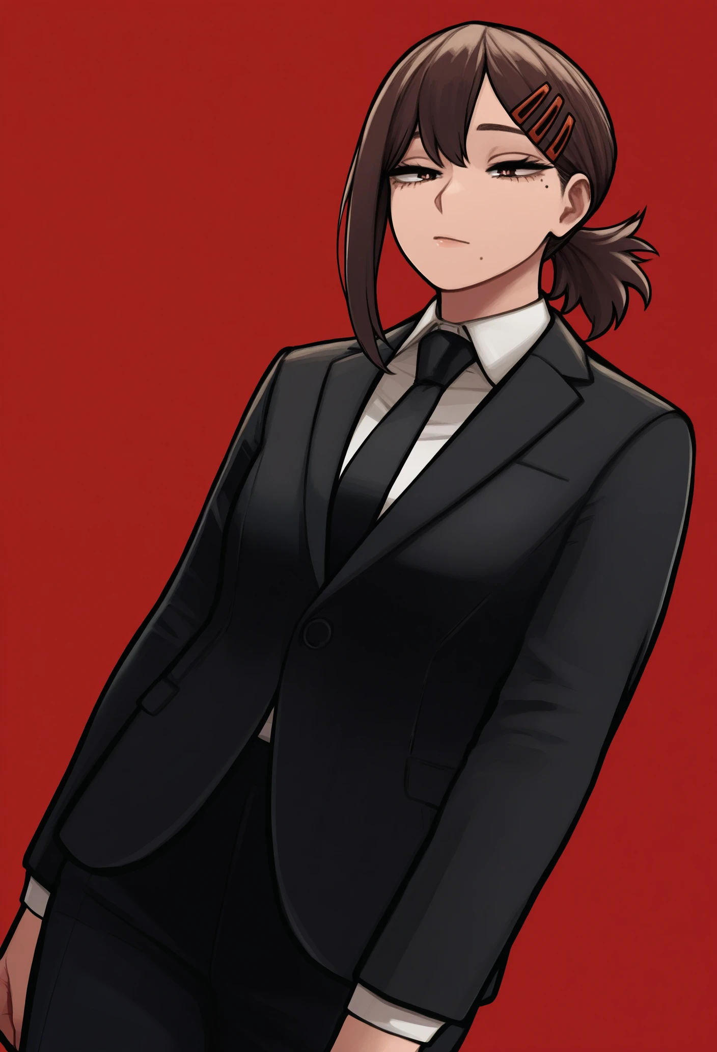 1girl, solo, red background, foreshortening, dutch angle,
mole under eye, mole under mouth, medium hair, brown hair, single sidelock, short ponytail, hairclip, brown eyes, black jacket, suit jacket, long sleeves, white shirt, collared shirt, black necktie, black pants
masterpiece, best quality, <lora:Kohei_Horikoshi-IllustriousV102-guy90:1>, ihshok, <lora:csm_higashiyamakobeni_noobAIXL11EPS:1>, kob3nidef