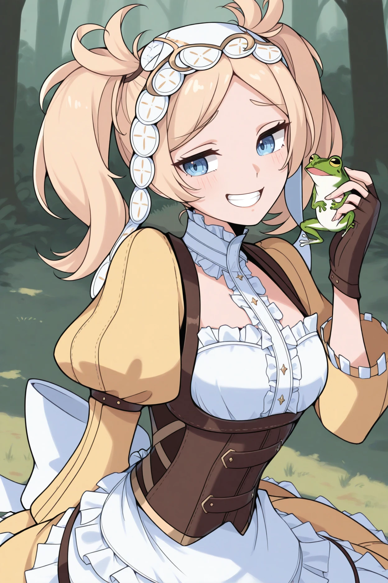 masterpiece, best quality, 1girl, solo, <lora:felissa-illu-nvwls-v1-000006:1> baseliz, blue eyes, blonde hair, twintails, white headdress, yellow dress, white shirt, frills, brown corset, puffy sleeves, long sleeves, waist apron, white apron, brown gloves, fingerless gloves, on ground, forest, holding frog, smug, happy, grin, looking to the side, smile