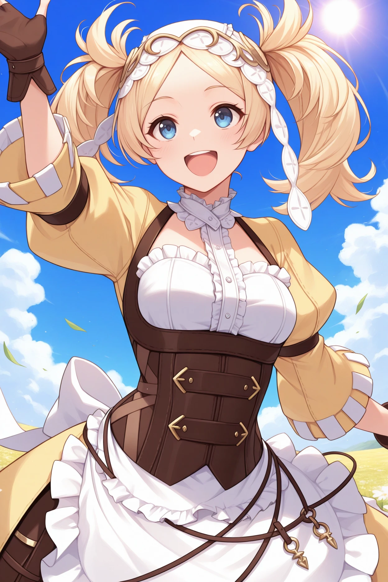 masterpiece, best quality, 1girl, solo, <lora:felissa-illu-nvwls-v1-000006:1> baseliz, blue eyes, blonde hair, twintails, white headdress, yellow dress, white shirt, frills, brown corset, puffy sleeves, long sleeves, waist apron, white apron, brown gloves, fingerless gloves, upper body, smile, open mouth, happy, blue sky, clouds, sun, field