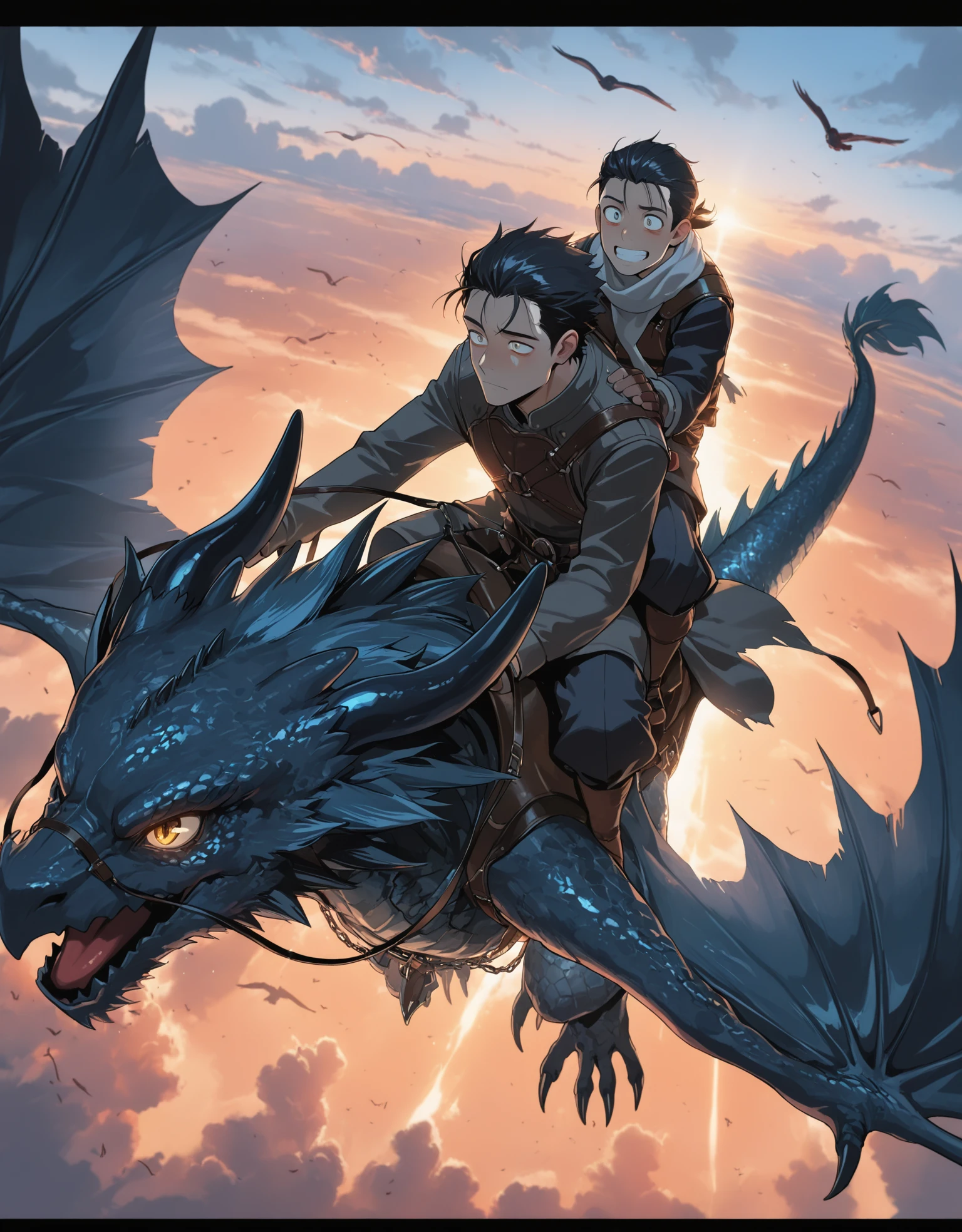 unholy-aesthetic,masterpiece,best quality,amazing quality,very aesthetic,absurdres,ultra detailed face,ultra detailed eyes,
<lora:MythicalBeastRiderDragon_Illustrious_V5:0.9>,mythicalbeastrider, (dragon), (flying), front view, in sky, (riding), dragon-rider, 1boy, cloud, letterboxed, bird's-eye view, full view, full person, saddle, riding on back, high resolution,amazing quality,best quality,{anime}, good lighting, detailed eyes, {very aesthetic}, {detailed},anime screencap,anime coloring, <lora:AddMicroDetails_Illustrious_v2:0.5>, addmicrodetails