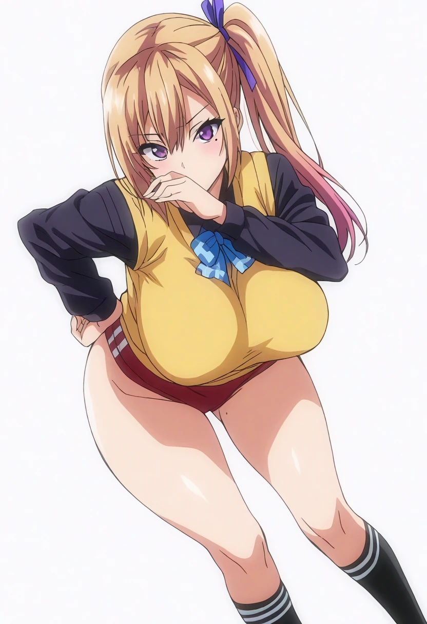 masterpiece, best quality, highres, uncensored,
kawakami mai, 1girl, solo, long hair, breasts, looking at viewer, simple background, shirt, large breasts, blonde hair, long sleeves, white background, ribbon, school uniform, purple eyes, hair ribbon, multicolored hair, thighs, socks, mole, side ponytail, black shirt, hand on own hip, mole under eye, kneehighs, gradient hair, leaning forward, black socks, blue ribbon, sweater vest, buruma, mole on thigh